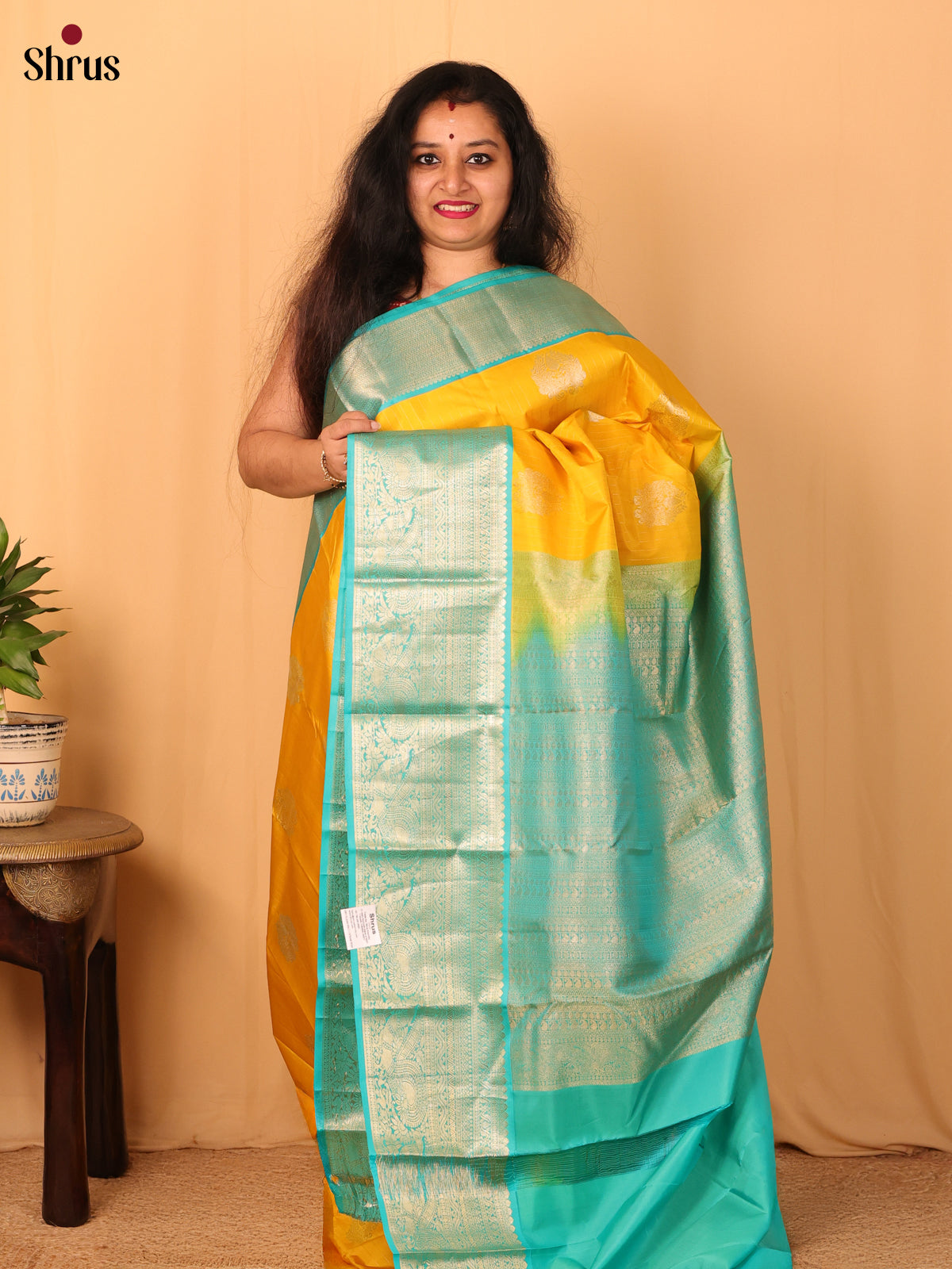 Yellow & Teal - Kanchipuram silk Saree - Shop on Shrus.com