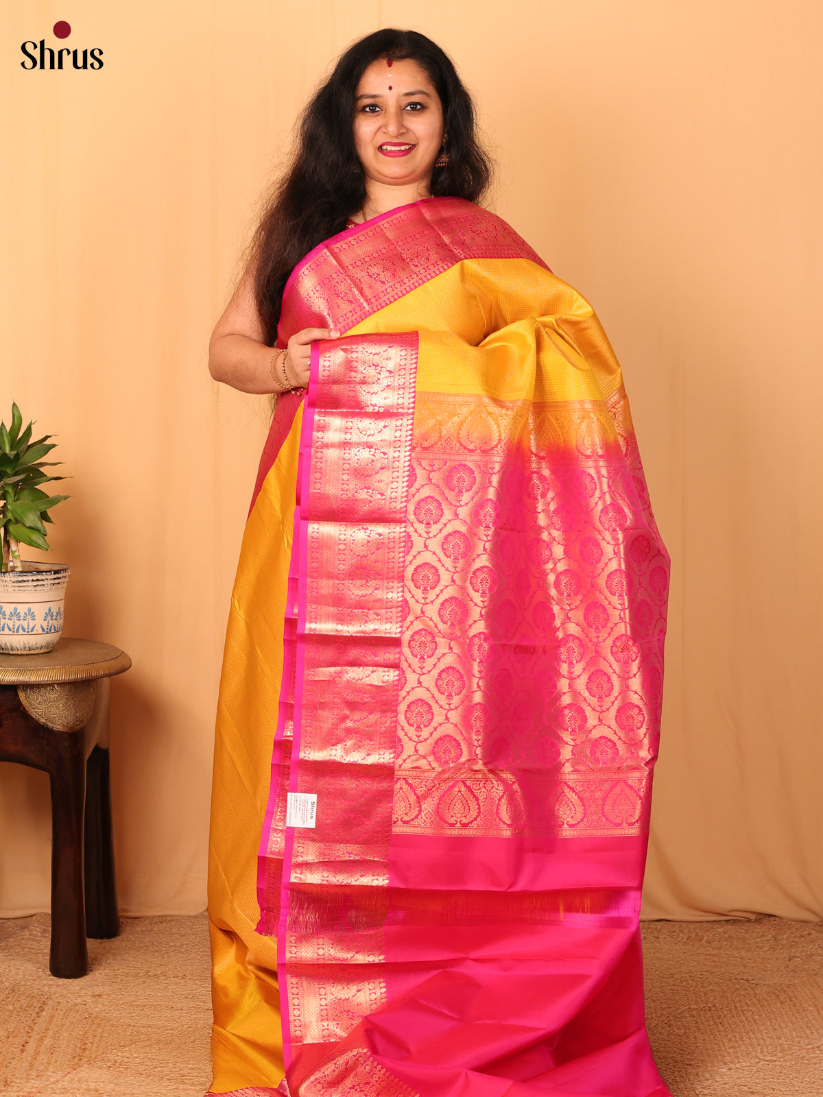 Yellow & Pink - Kanchipuram silk Saree - Shop on Shrus.com
