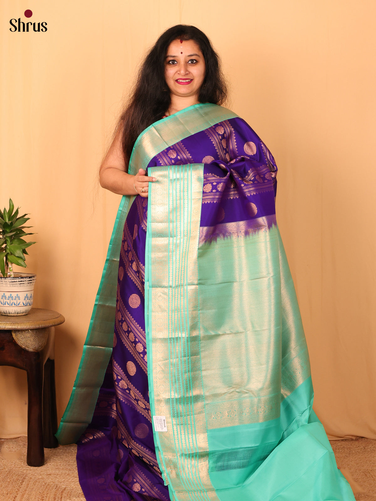 Violet & Teal- Kanchipuram silk Saree - Shop on Shrus.com