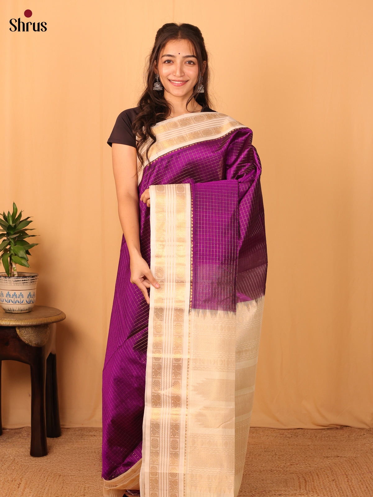 Violet & Cream - Silk Cotton Saree - Shop on Shrus.com