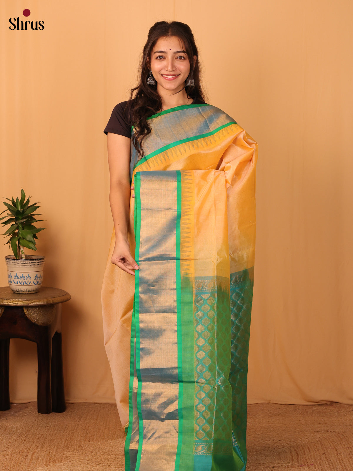 Peach & Teal - Silk Cotton Saree - Shop on Shrus.com