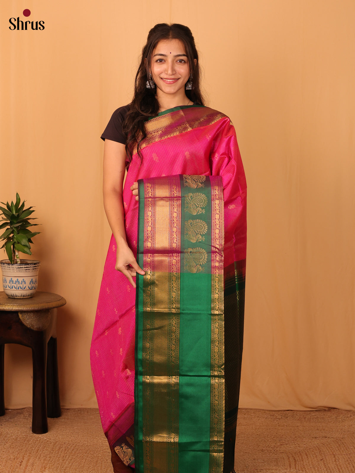 Pink  & Green - Silk Cotton Saree - Shop on Shrus.com