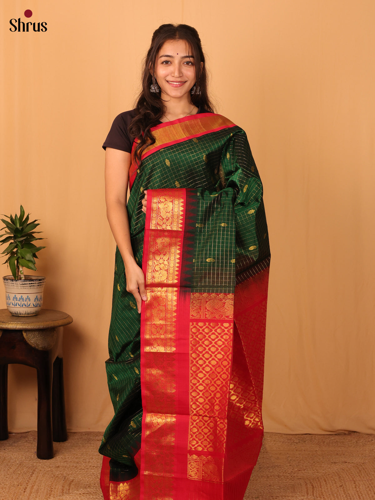 Green & Red - Silk Cotton Saree - Shop on Shrus.com