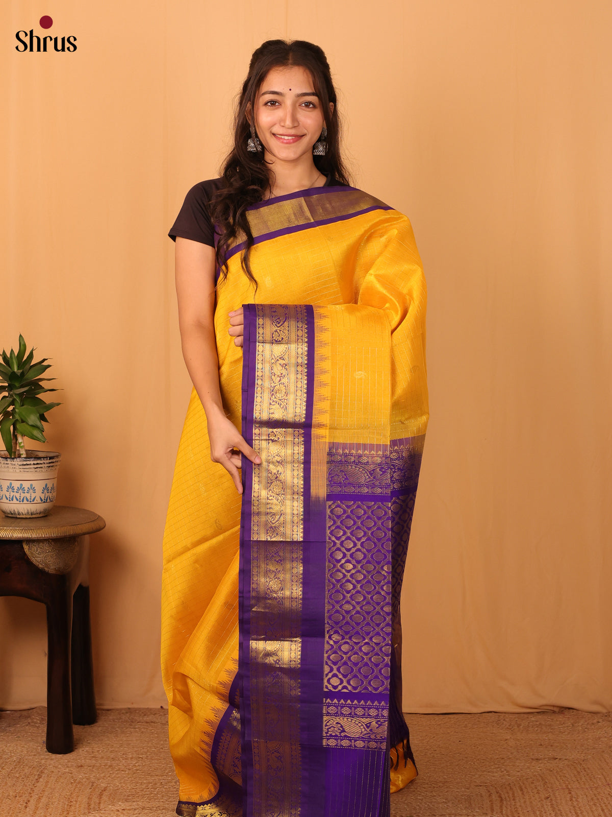 Yellow & Violet  - Silk Cotton Saree - Shop on Shrus.com