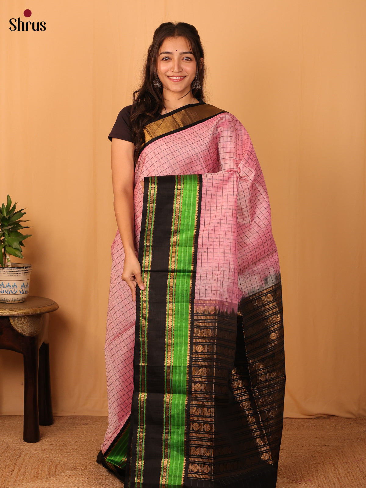 Pink & Black - Silk Cotton Saree - Shop on Shrus.com