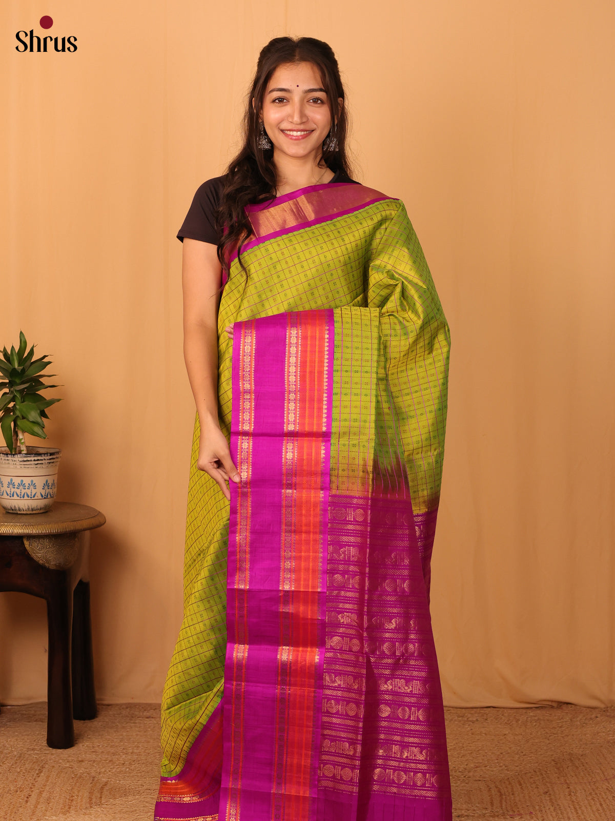 Green & Pink - Silk Cotton Saree - Shop on Shrus.com
