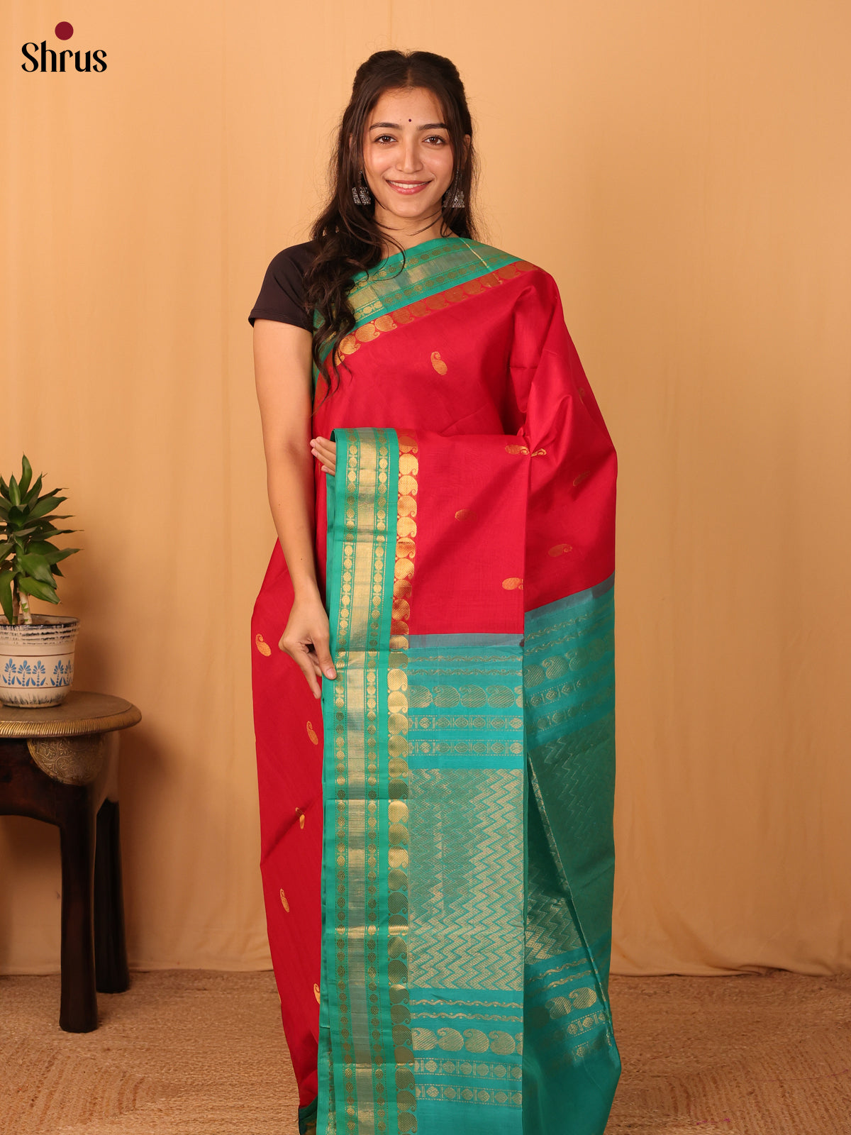 Red & Green - Silk Cotton Saree - Shop on Shrus.com