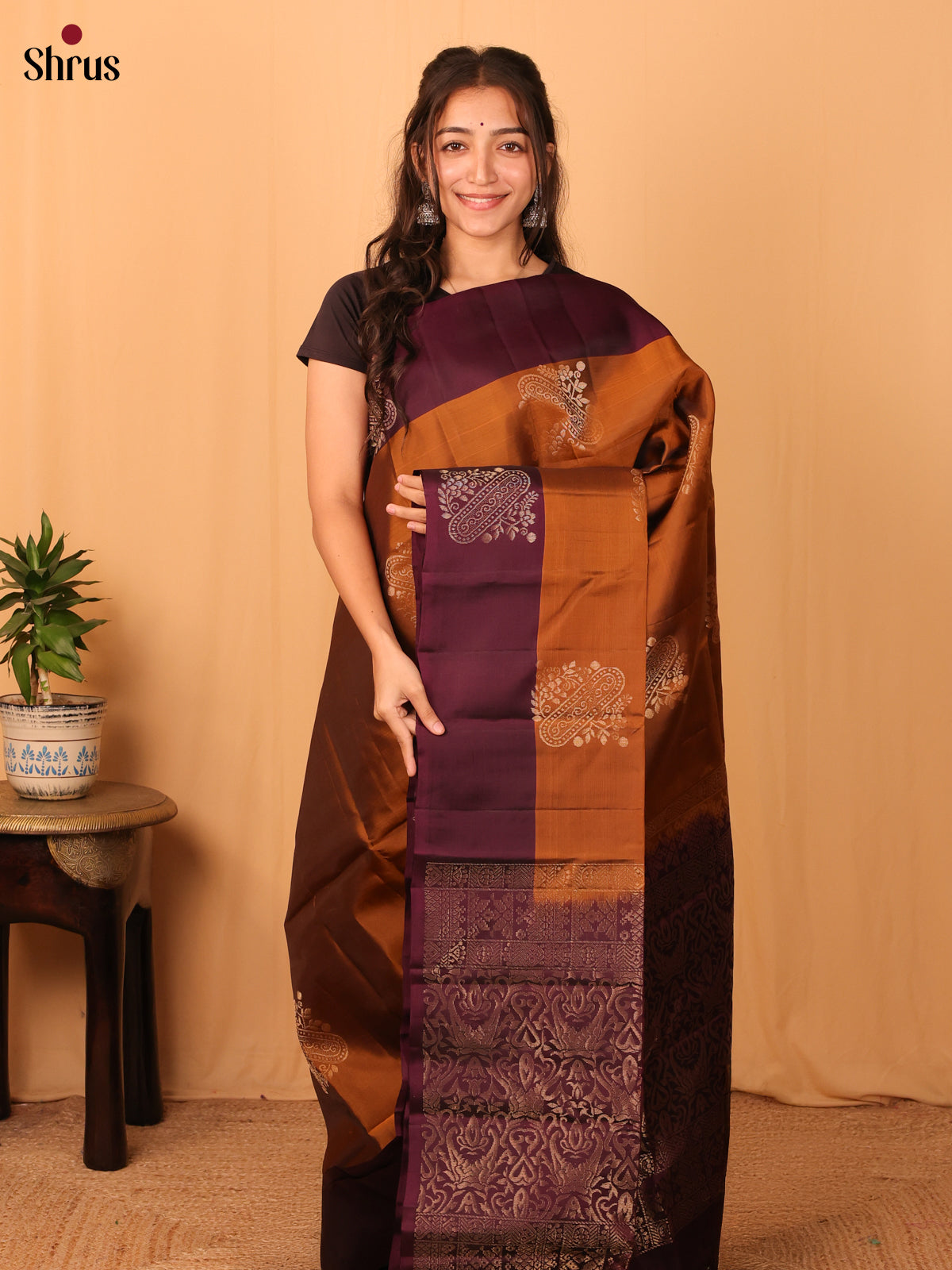 Brown & Maroon - Softsilk-halfpure Saree - Shop on Shrus.com