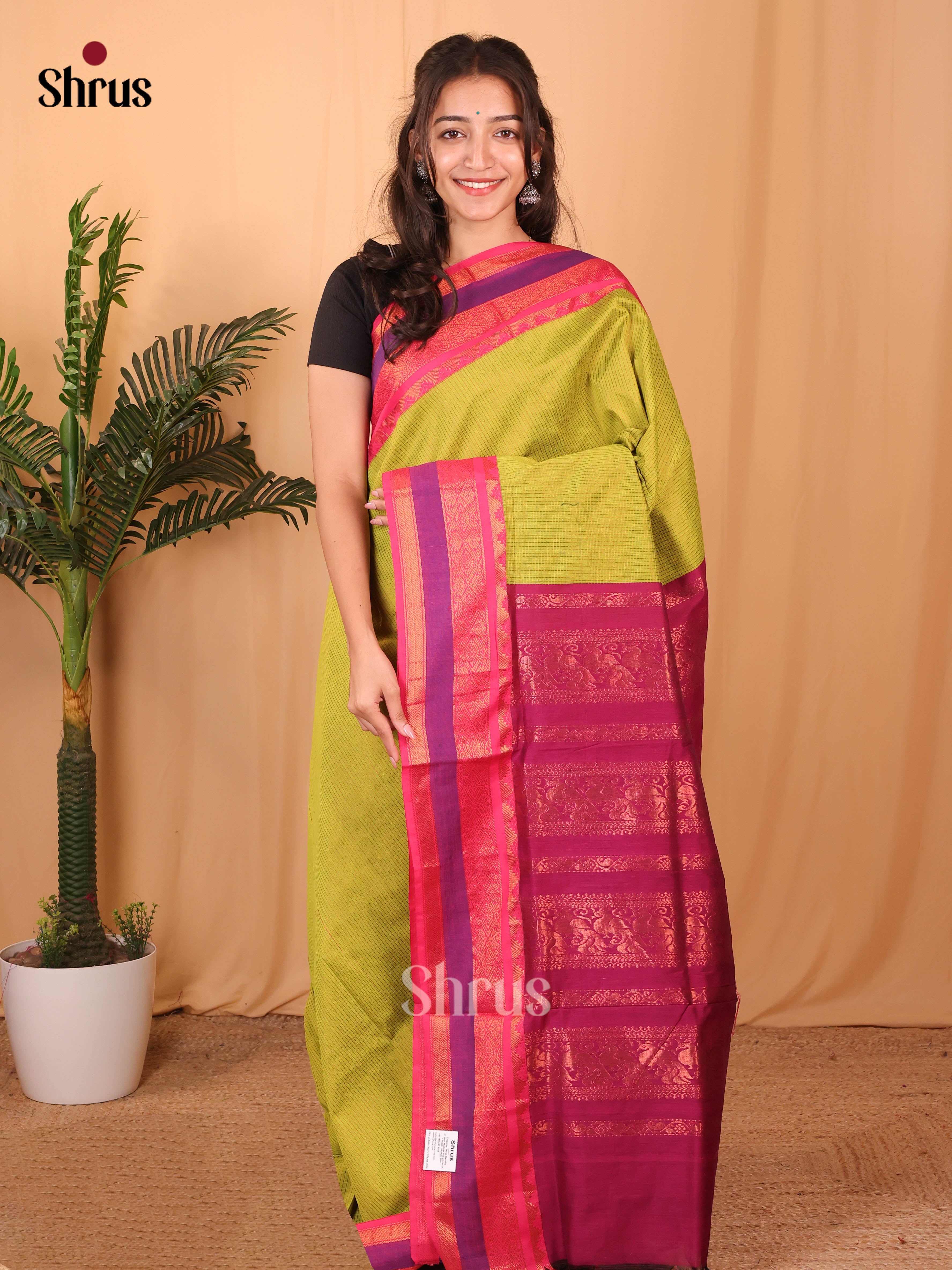 Lite Green & Purple -  Kalyani Cotton Saree - Shop on Shrus.com