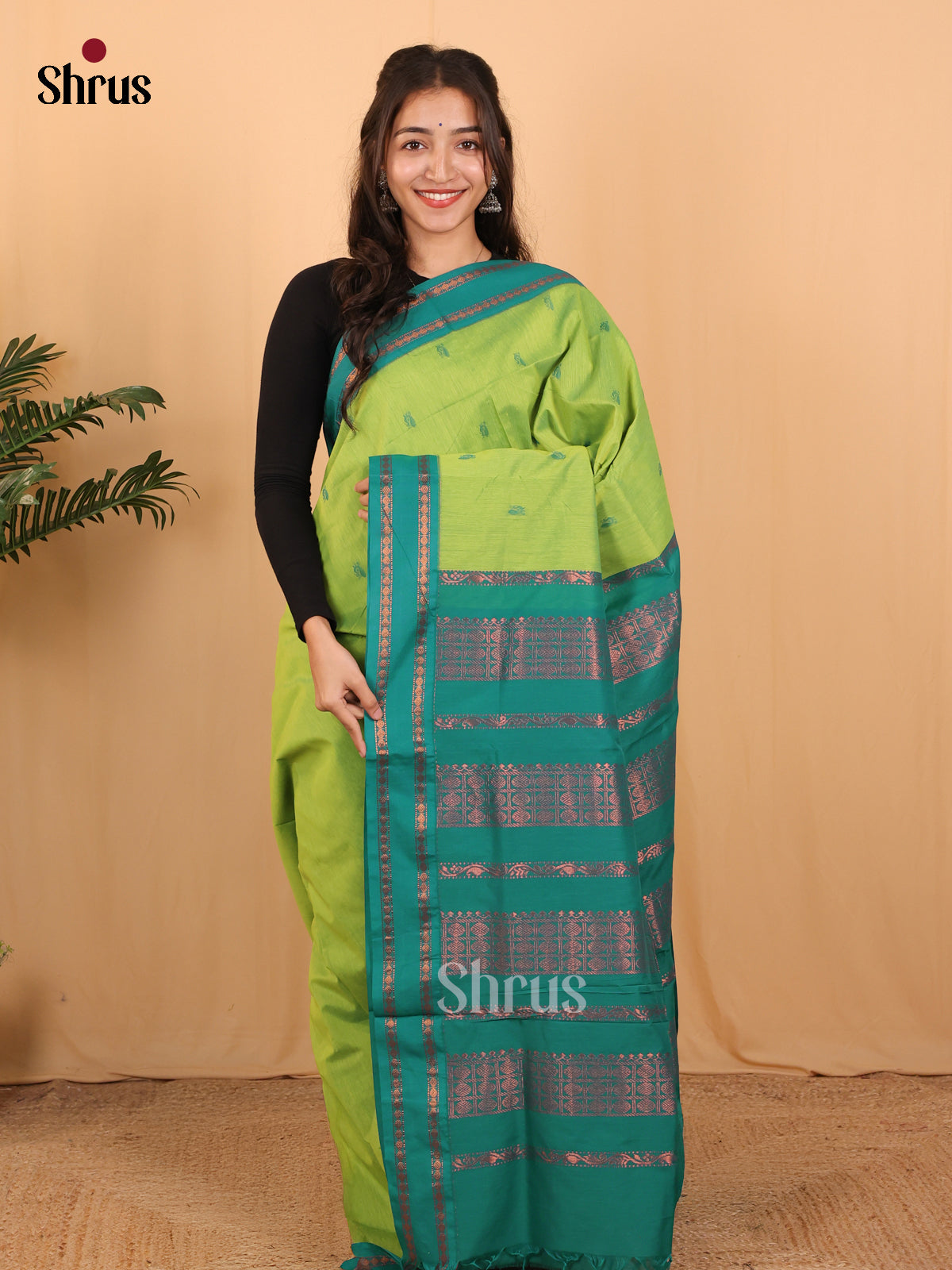 Lite Green & Green- Kalyani Cotton Saree - Shop on Shrus.com
