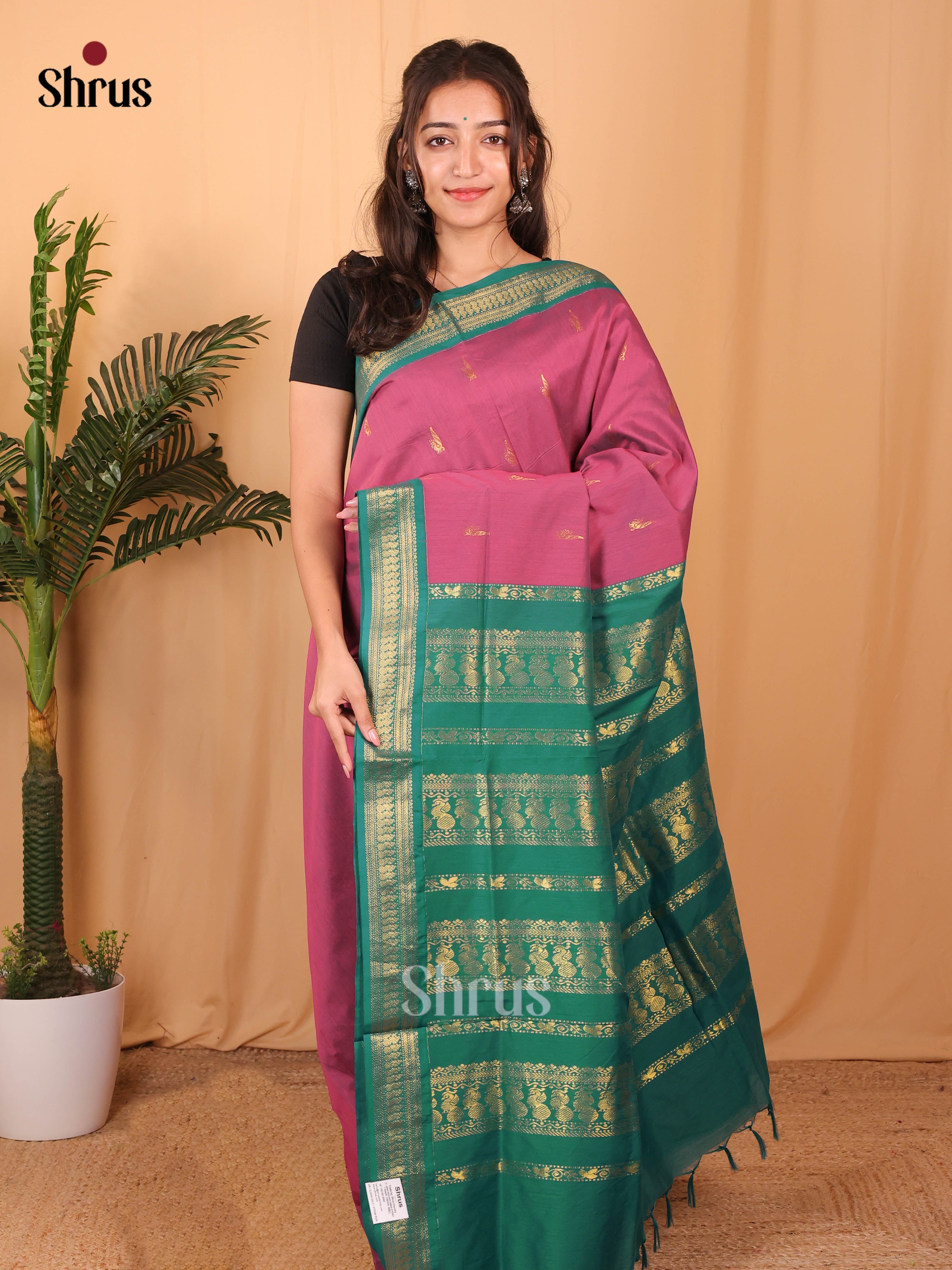 Pink & Green - Kalyani Cotton Saree - Shop on Shrus.com