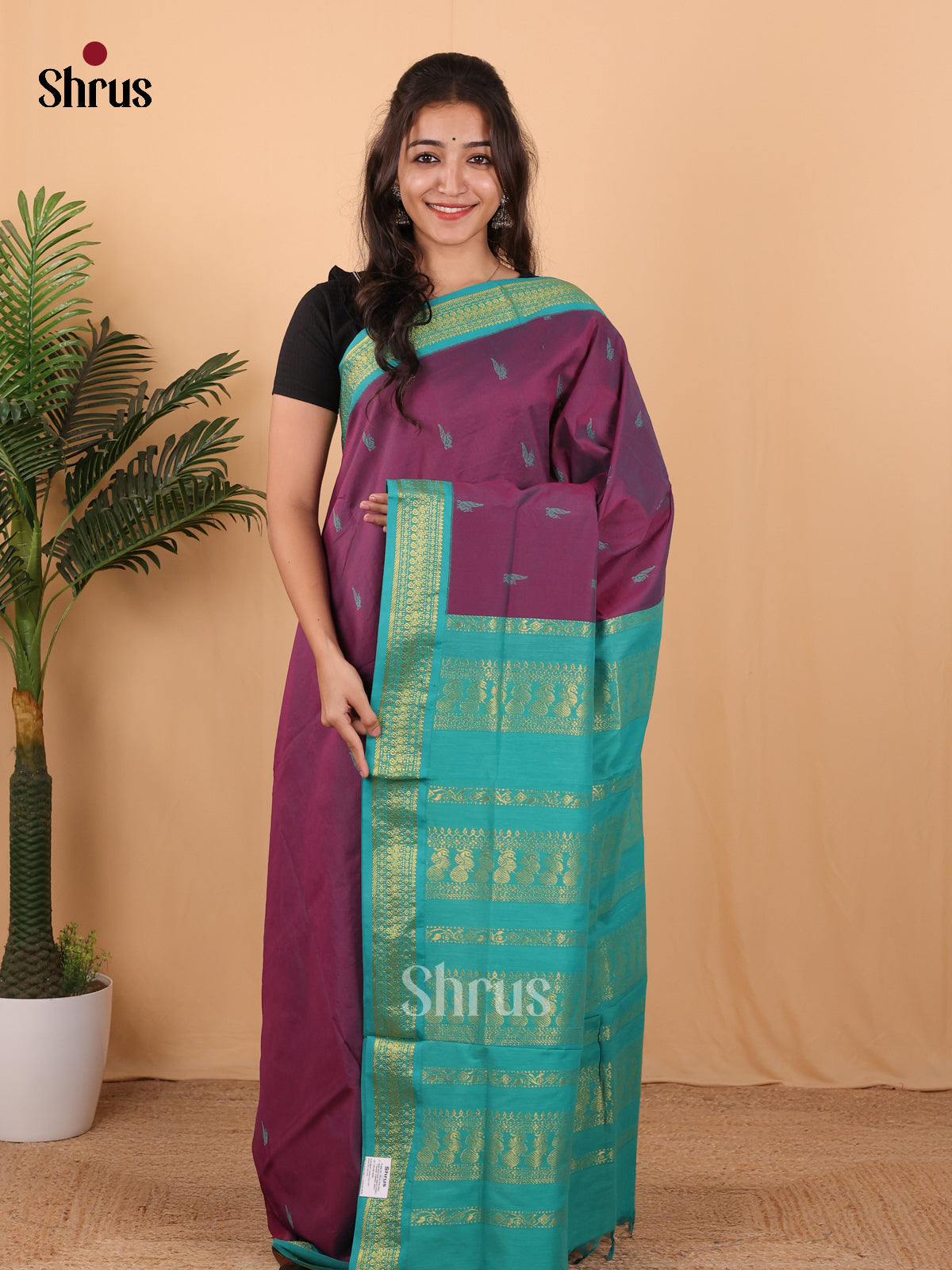 Purple & Teal- Kalyani Cotton Saree - Shop on Shrus.com