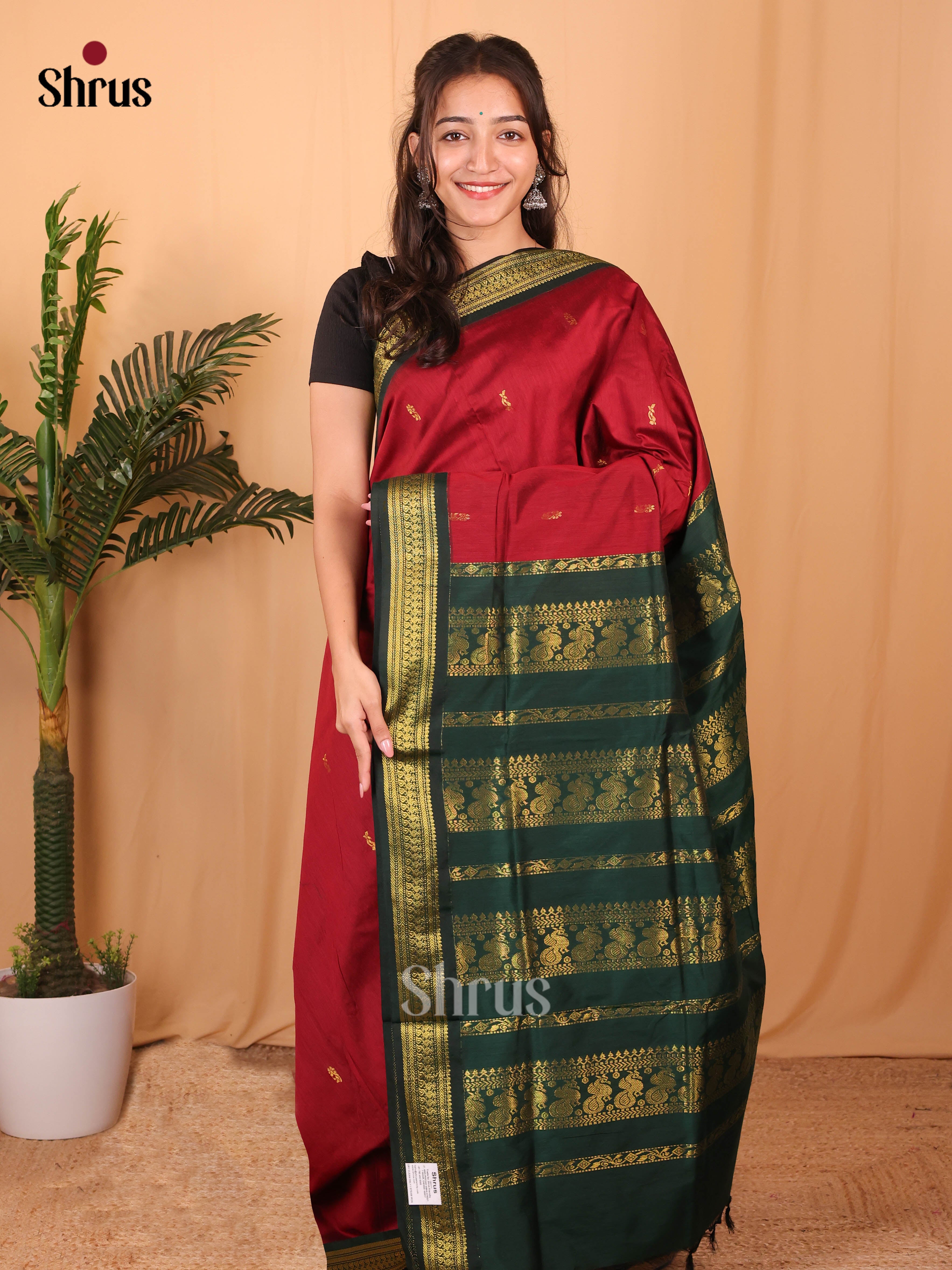 Maroon & Green - Kalyani Cotton Saree - Shop on Shrus.com