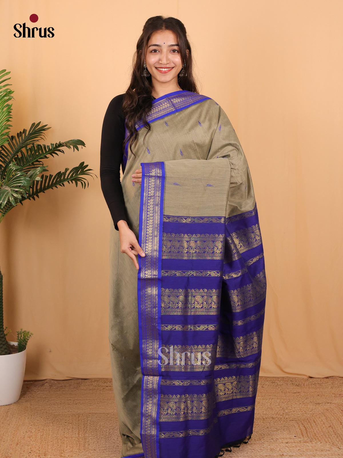 Grey & Blue - Kalyani Cotton Saree - Shop on Shrus.com