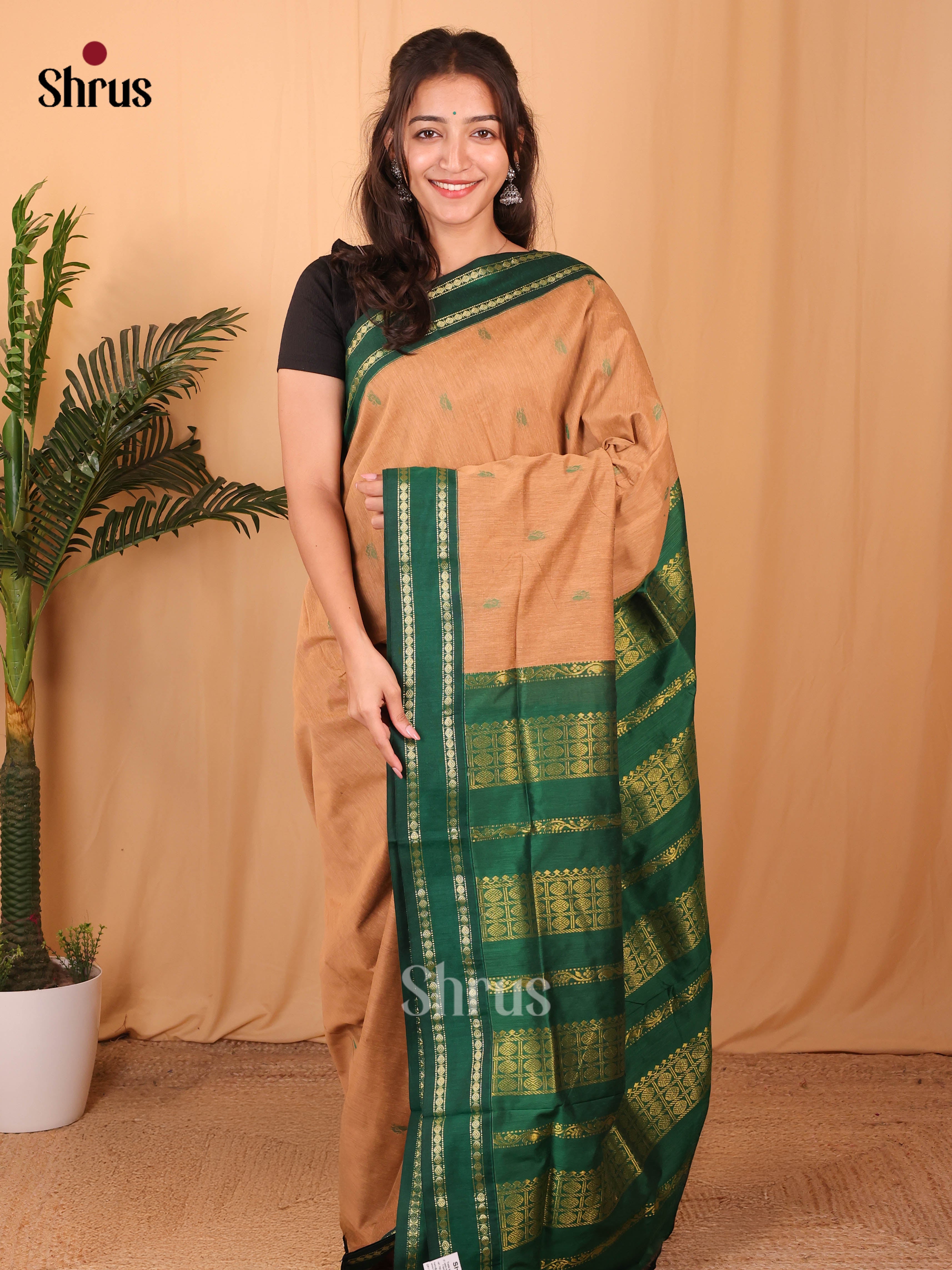 Lite Brown & Green - Kalyani Cotton Saree - Shop on Shrus.com