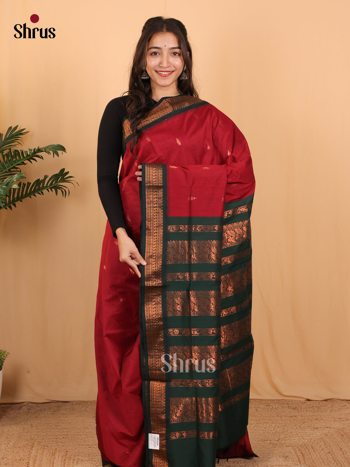 Maroon & Green- Kalyani Cotton Saree - Shop on Shrus.com