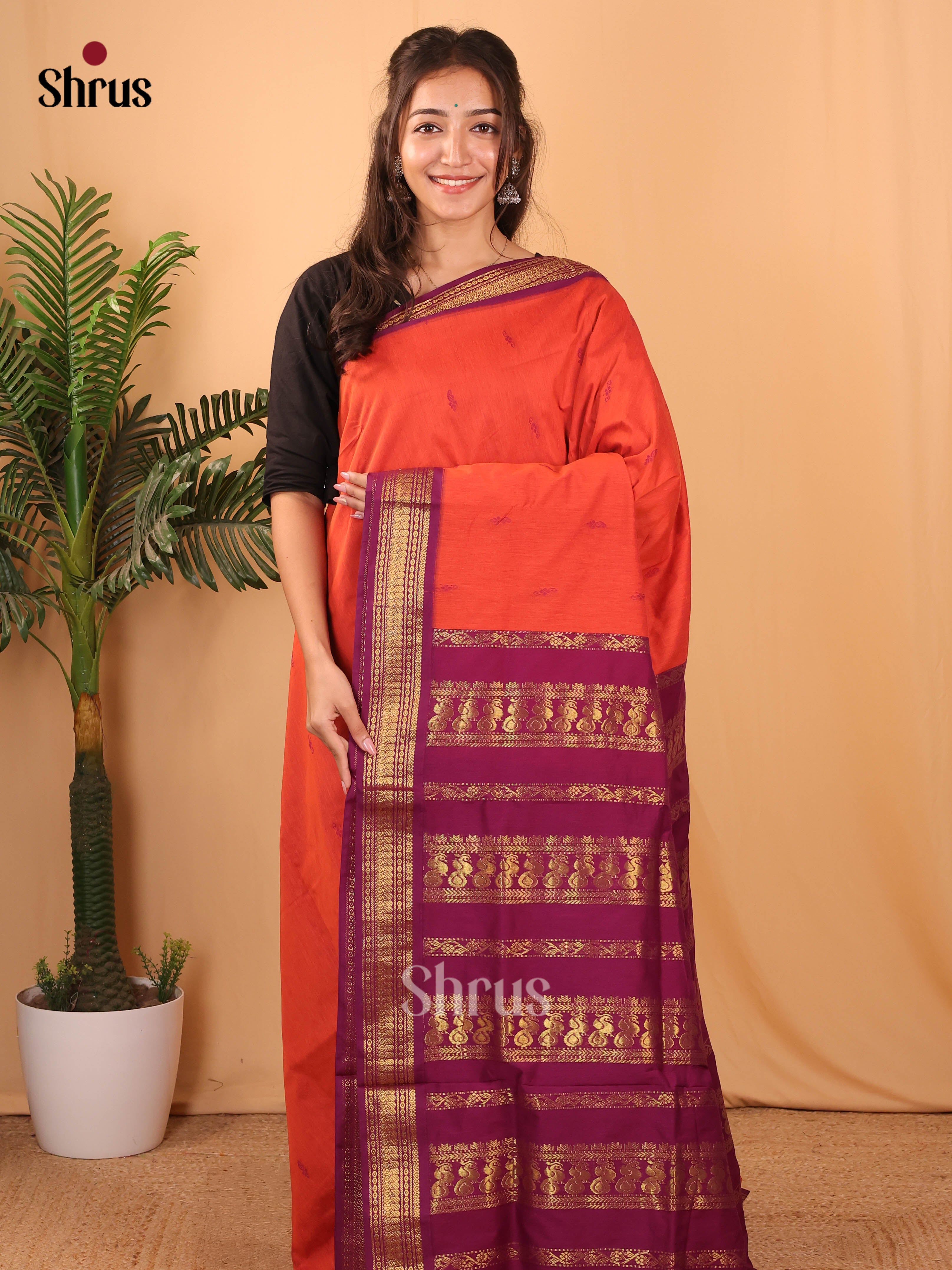 Orange & Purple - Kalyani Cotton Saree - Shop on Shrus.com