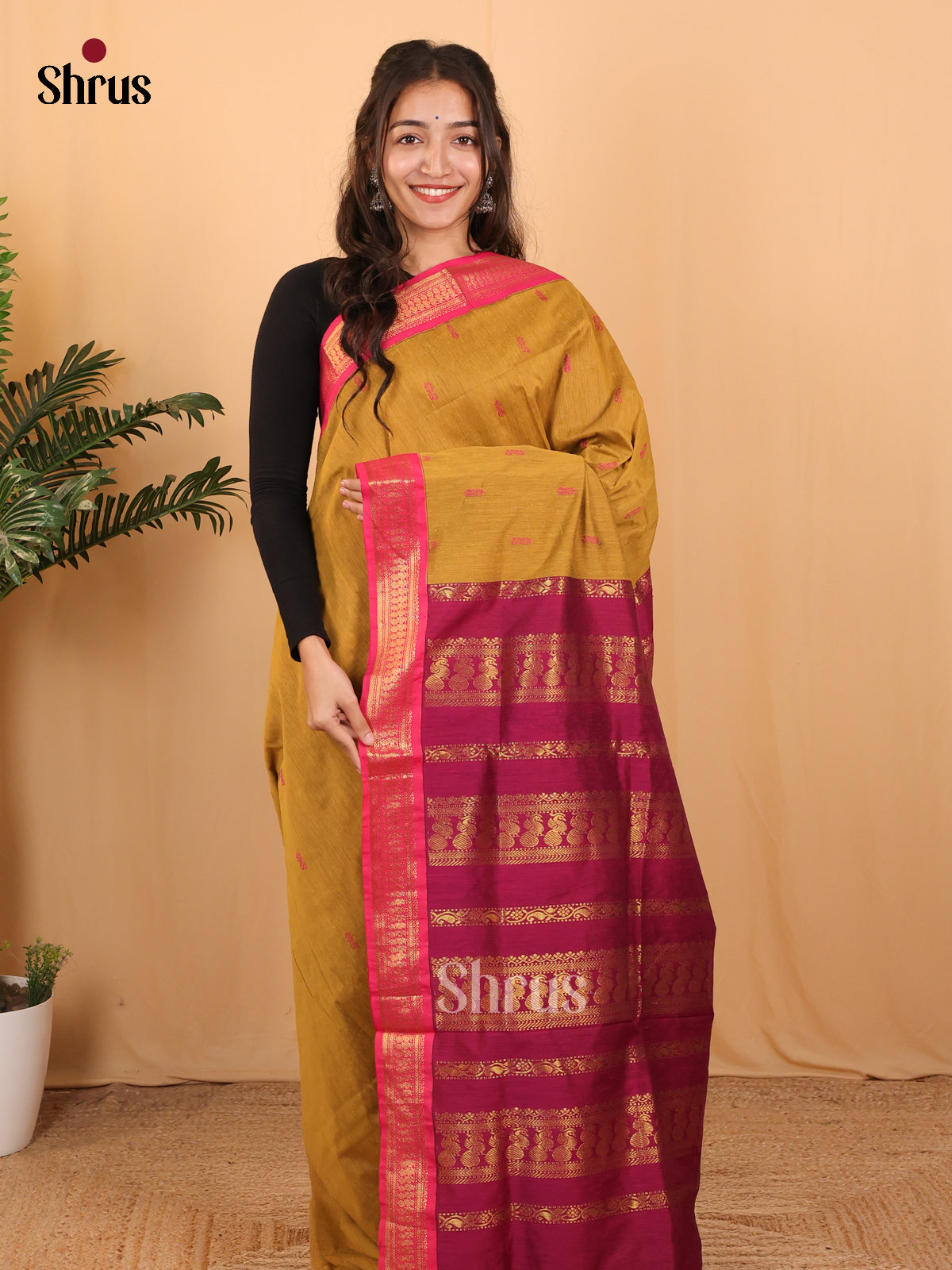 Mustard & Purple  - Kalyani Cotton Saree - Shop on Shrus.com