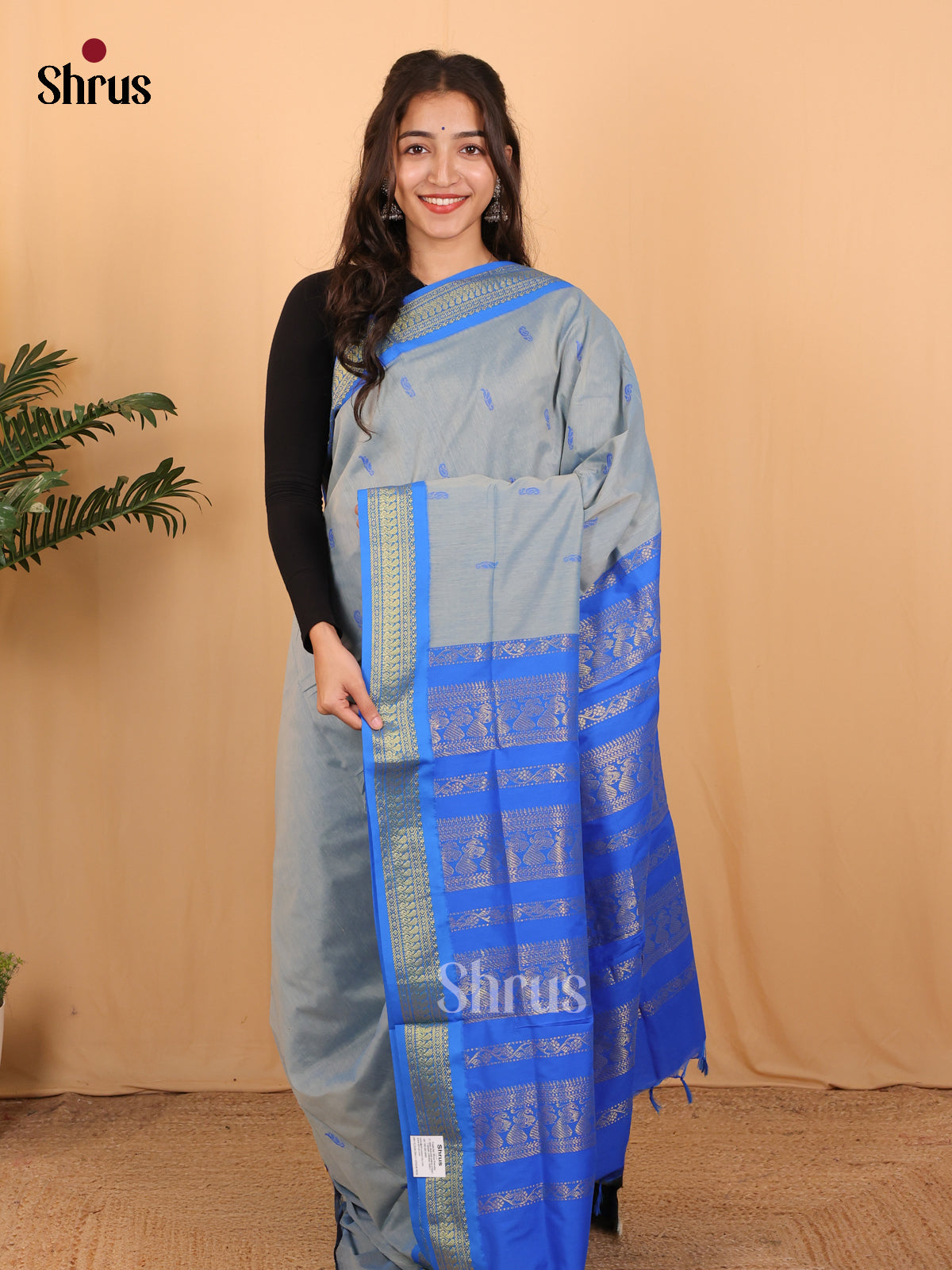 Grey & Blue - Kalyani Cotton Saree - Shop on Shrus.com