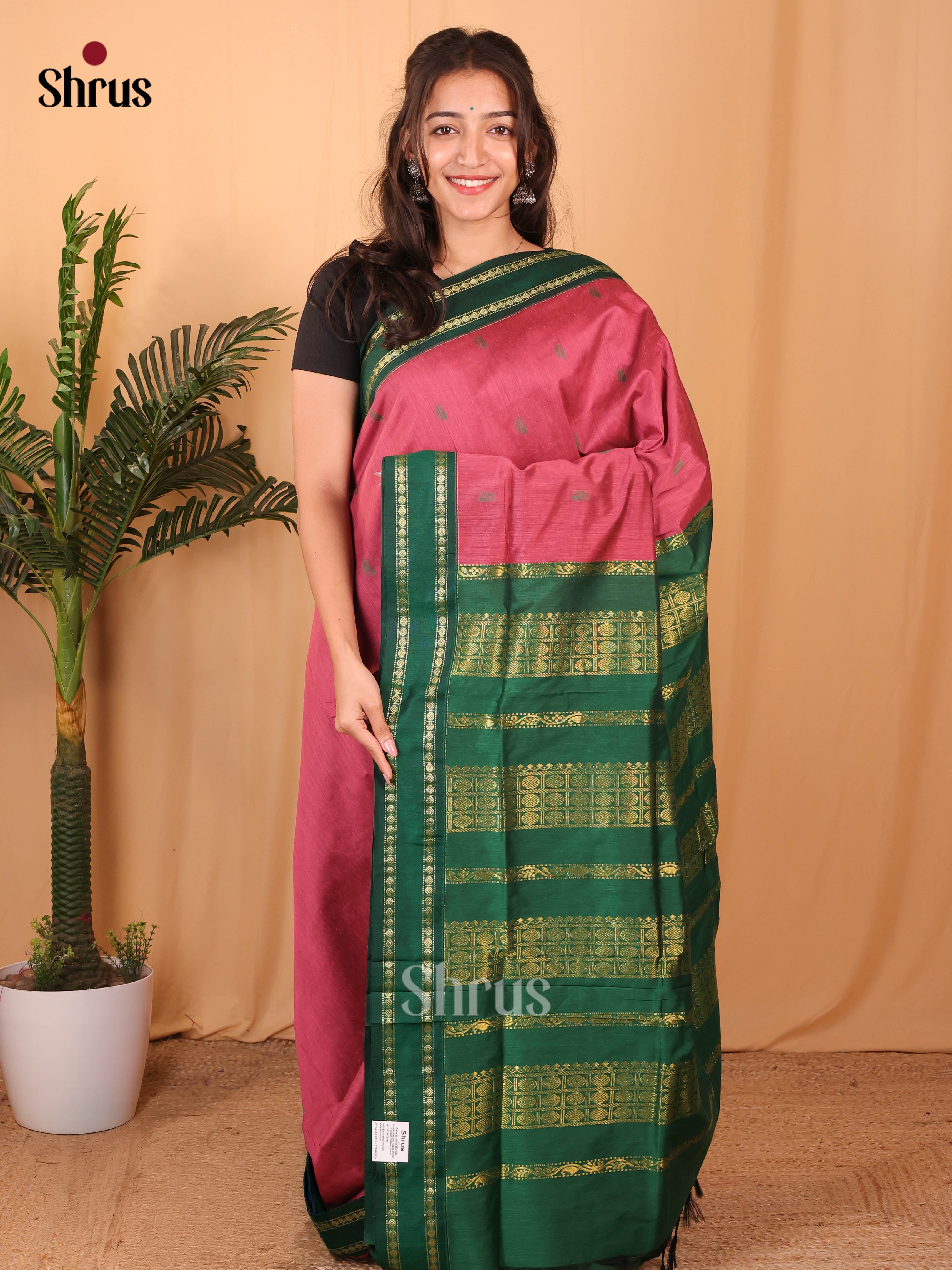 Pink & Green - Kalyani Cotton Saree - Shop on Shrus.com