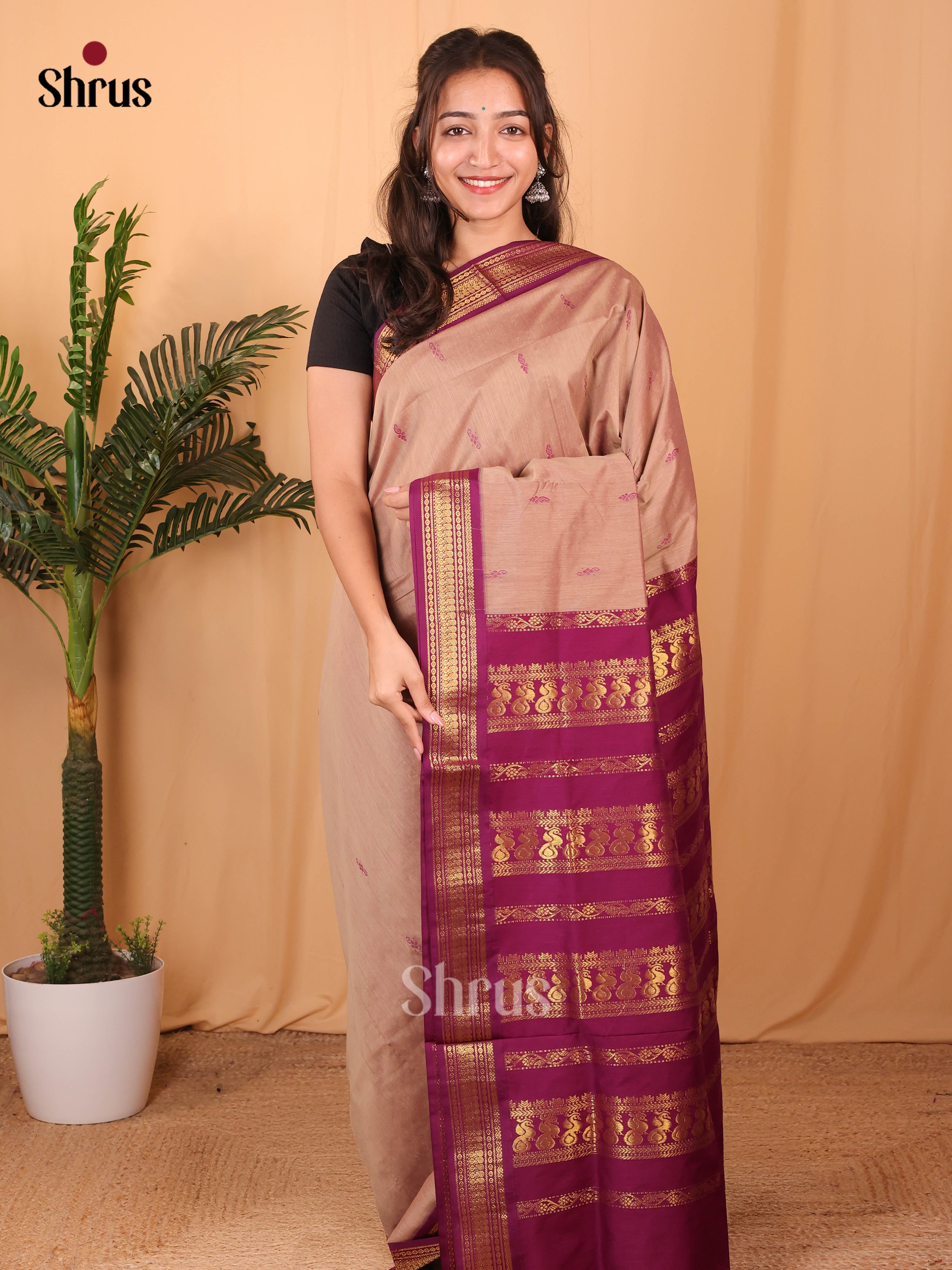 Lite Brown & Purple - Kalyani Cotton Saree - Shop on Shrus.com