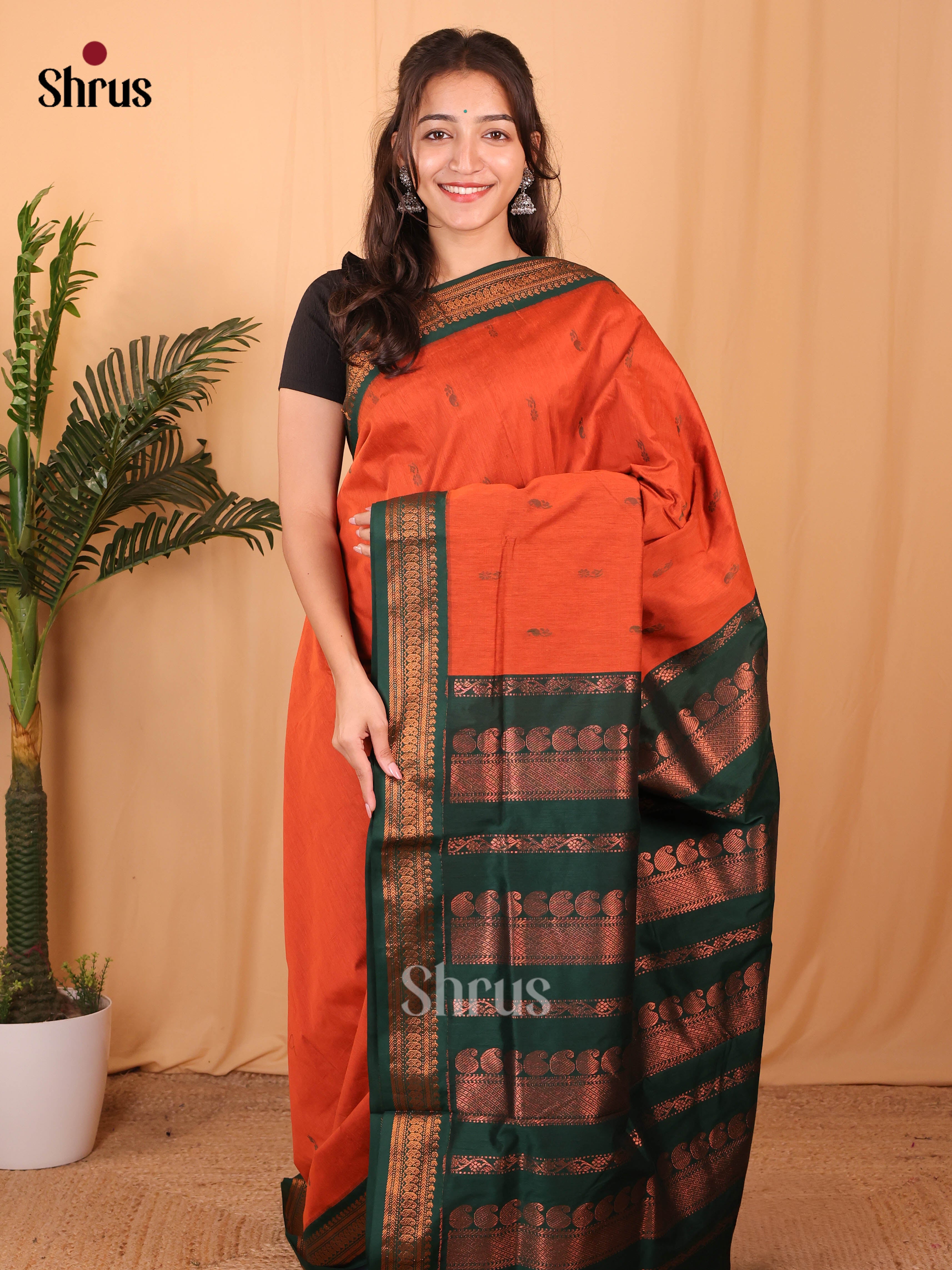 Orange & Green - Kalyani Cotton Saree - Shop on Shrus.com