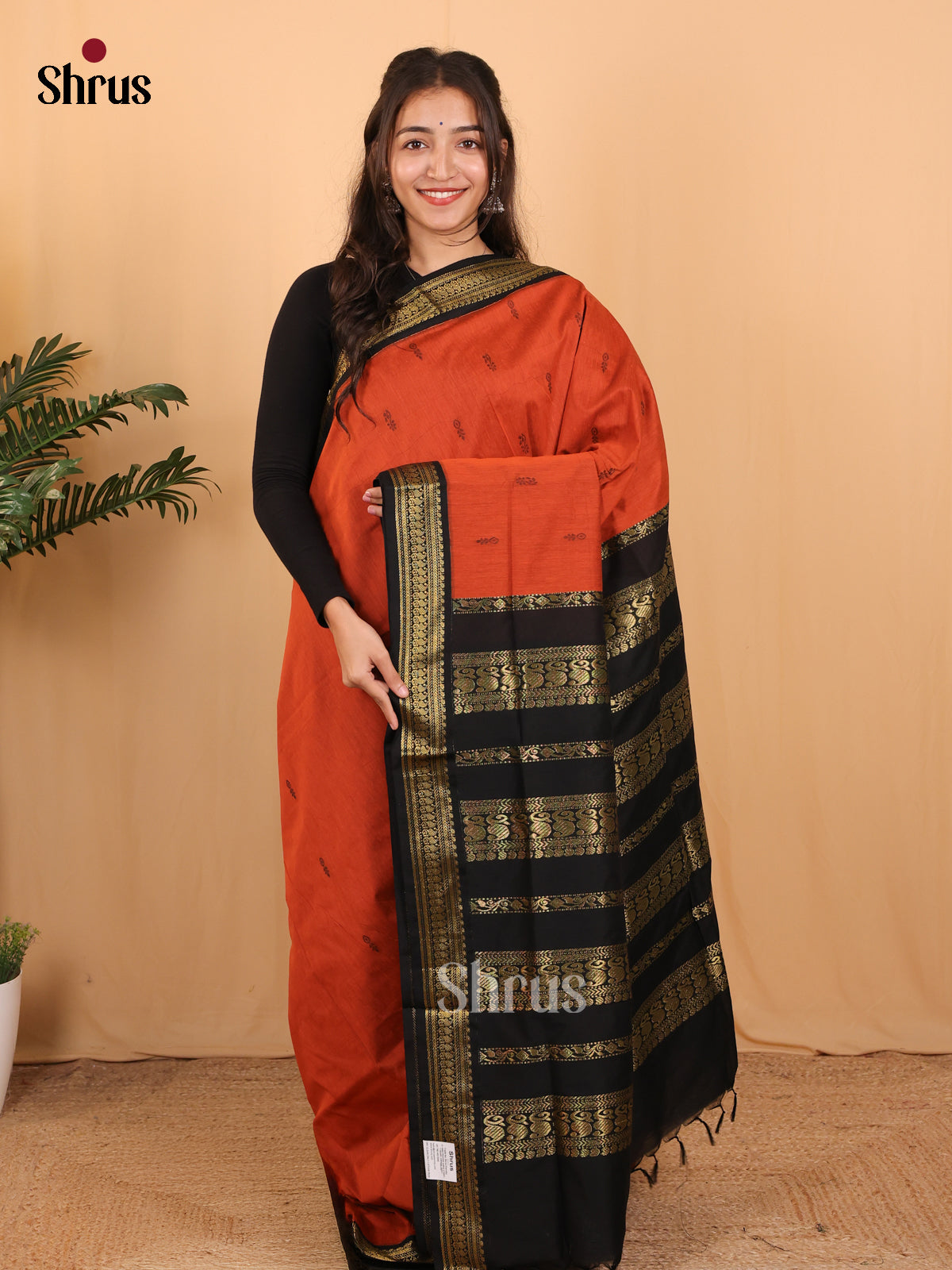 Orange &  Black - Kalyani Cotton Saree - Shop on Shrus.com