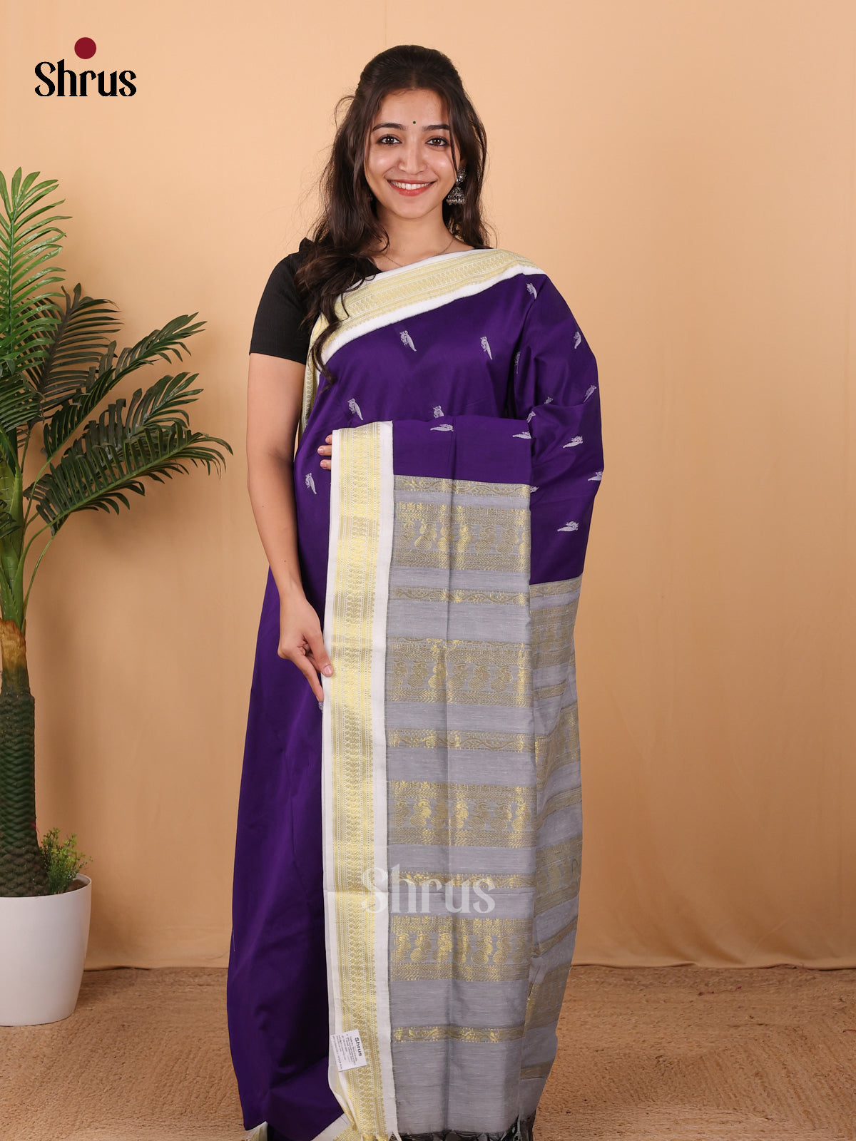 Dazzling Violet Kalyani Cotton Saree with Zari Border & Mild Lavender Zari Pallu - Shop on Shrus.com