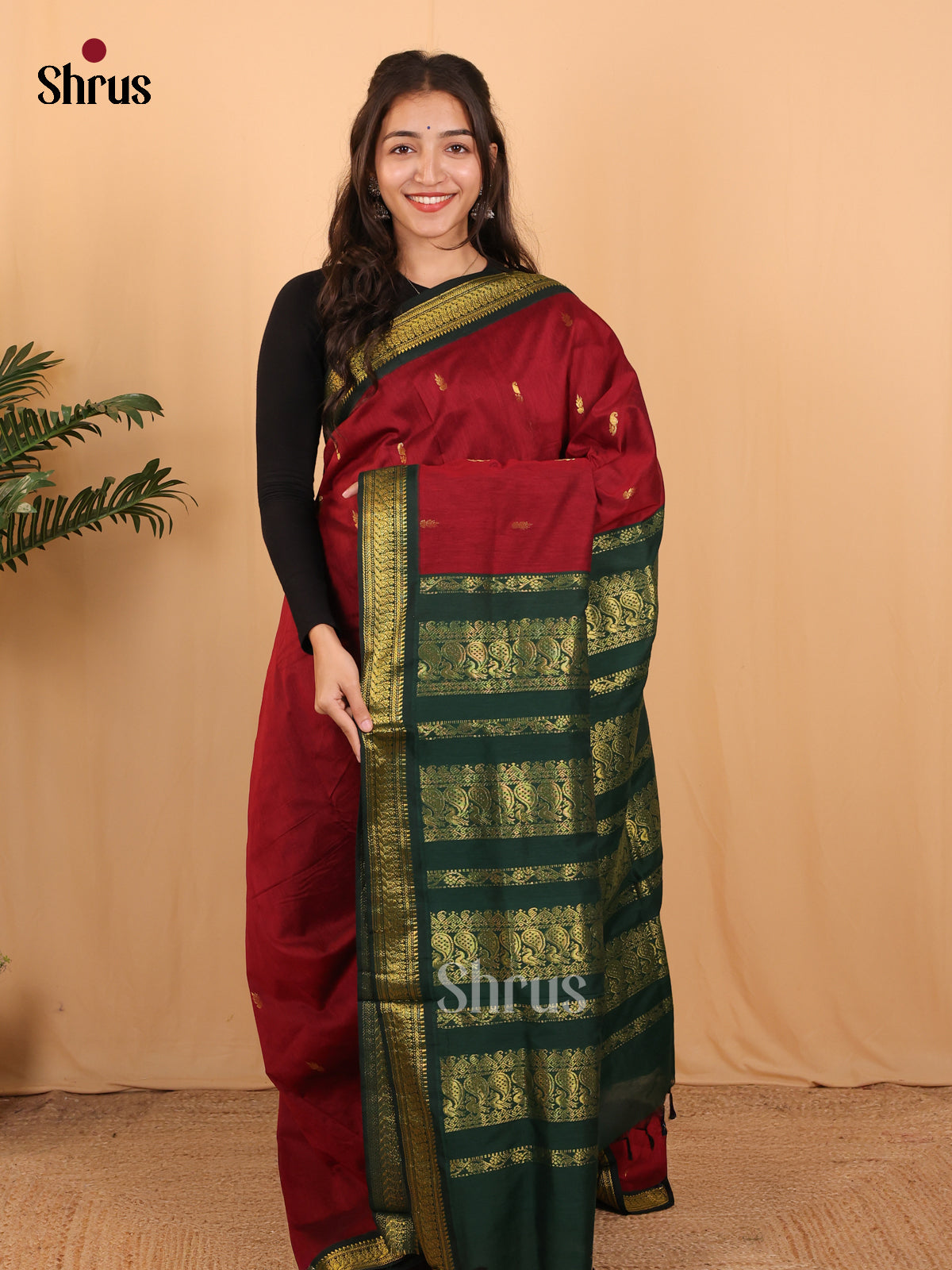 Maroon & Green - Kalyani Cotton Saree - Shop on Shrus.com