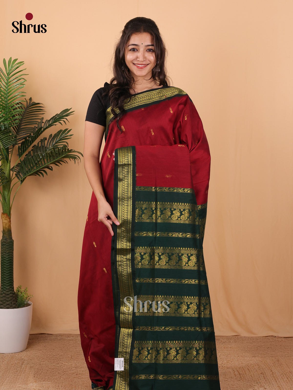 Maroon & Green - Kalyani Cotton Saree - Shop on Shrus.com