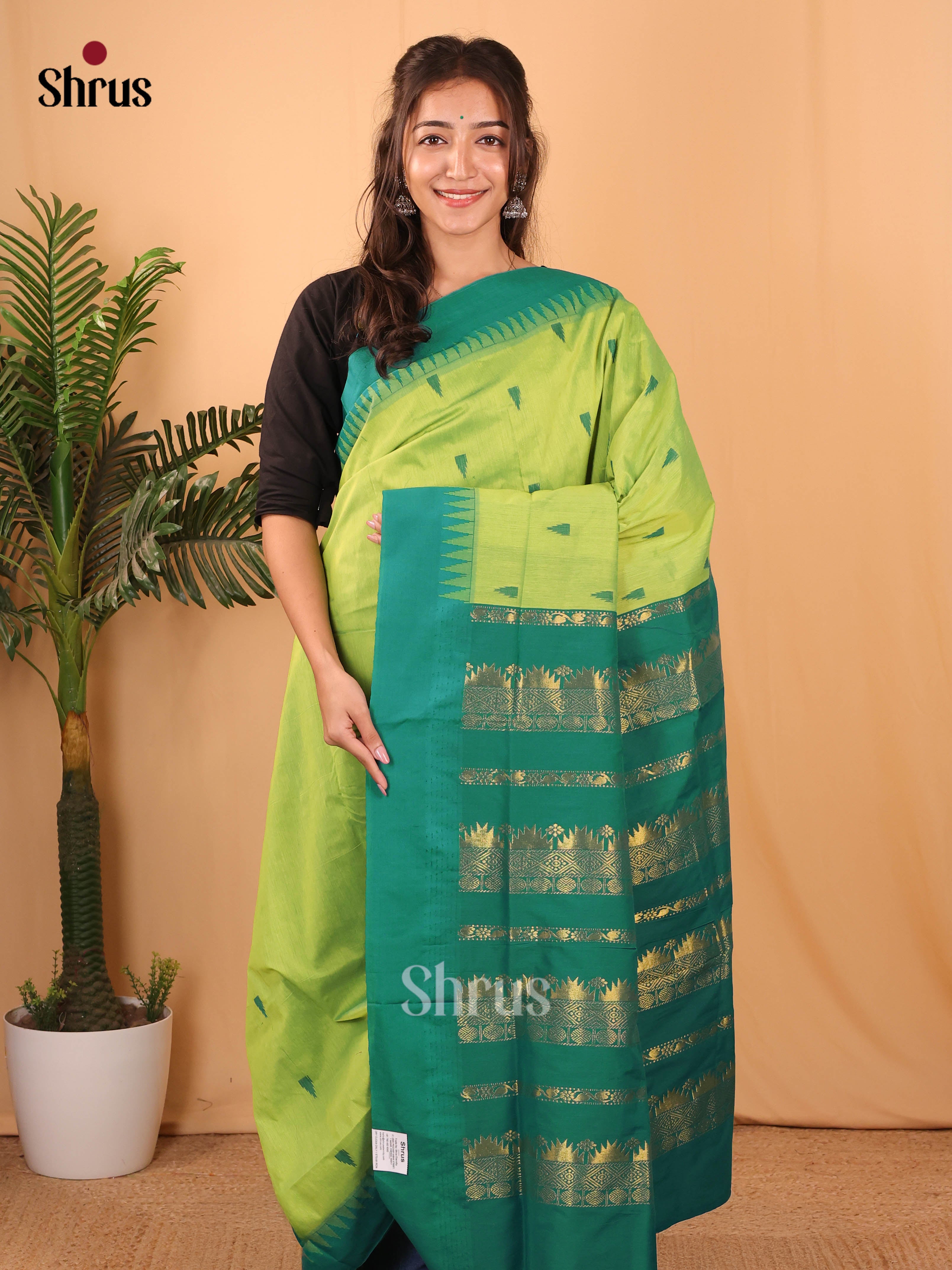 Lite Green & Green - Kalyani Cotton Saree - Shop on Shrus.com