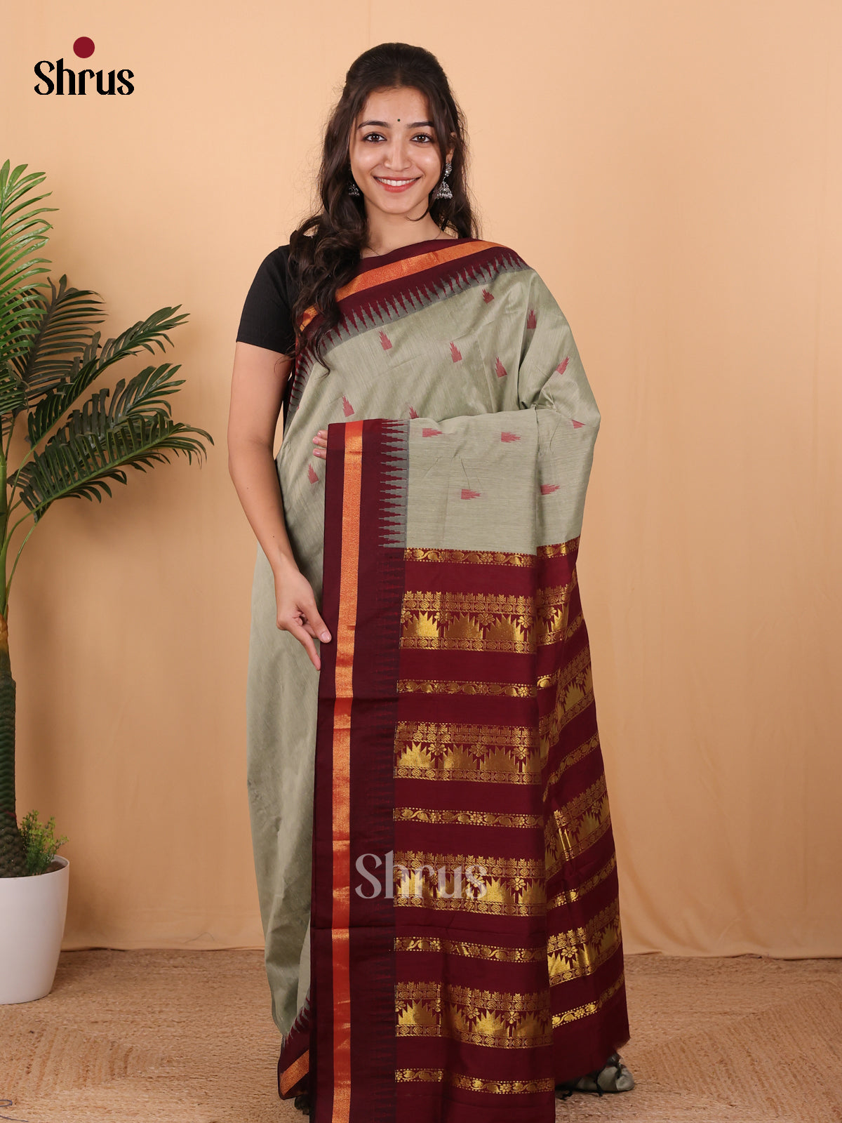 Grey & Maroon - Kalyani Cotton Saree - Shop on Shrus.com