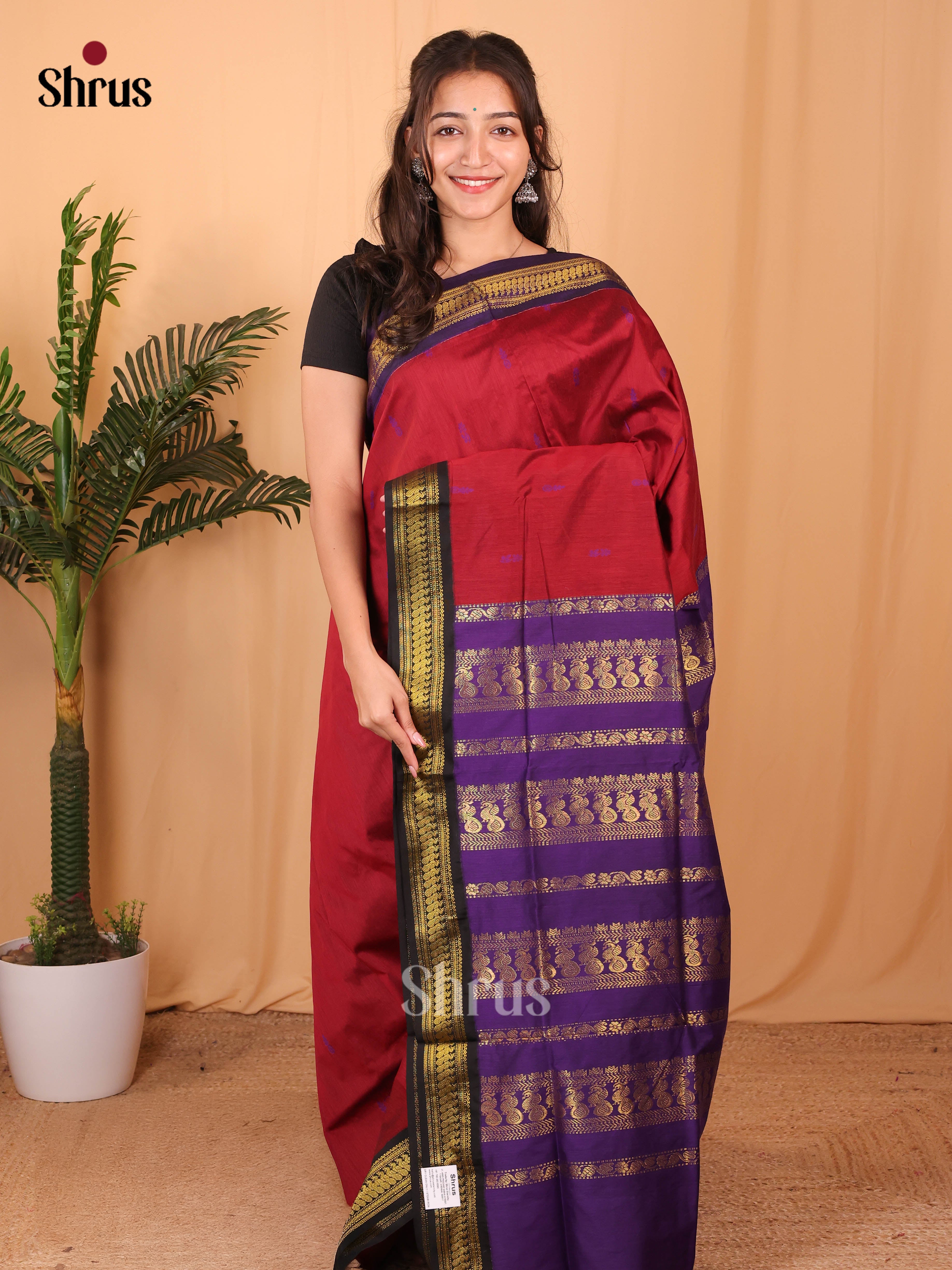 Maroon & Violet - Kalyani Cotton Saree - Shop on Shrus.com