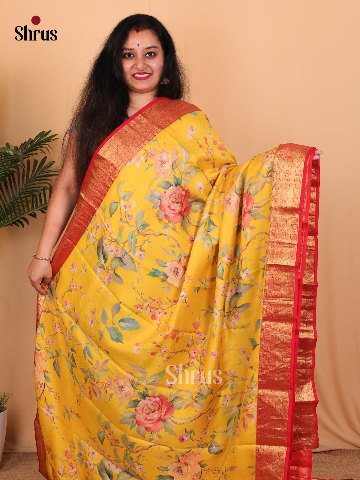 Yellow & Red- Kanchipuram silk Saree - Shop on Shrus.com