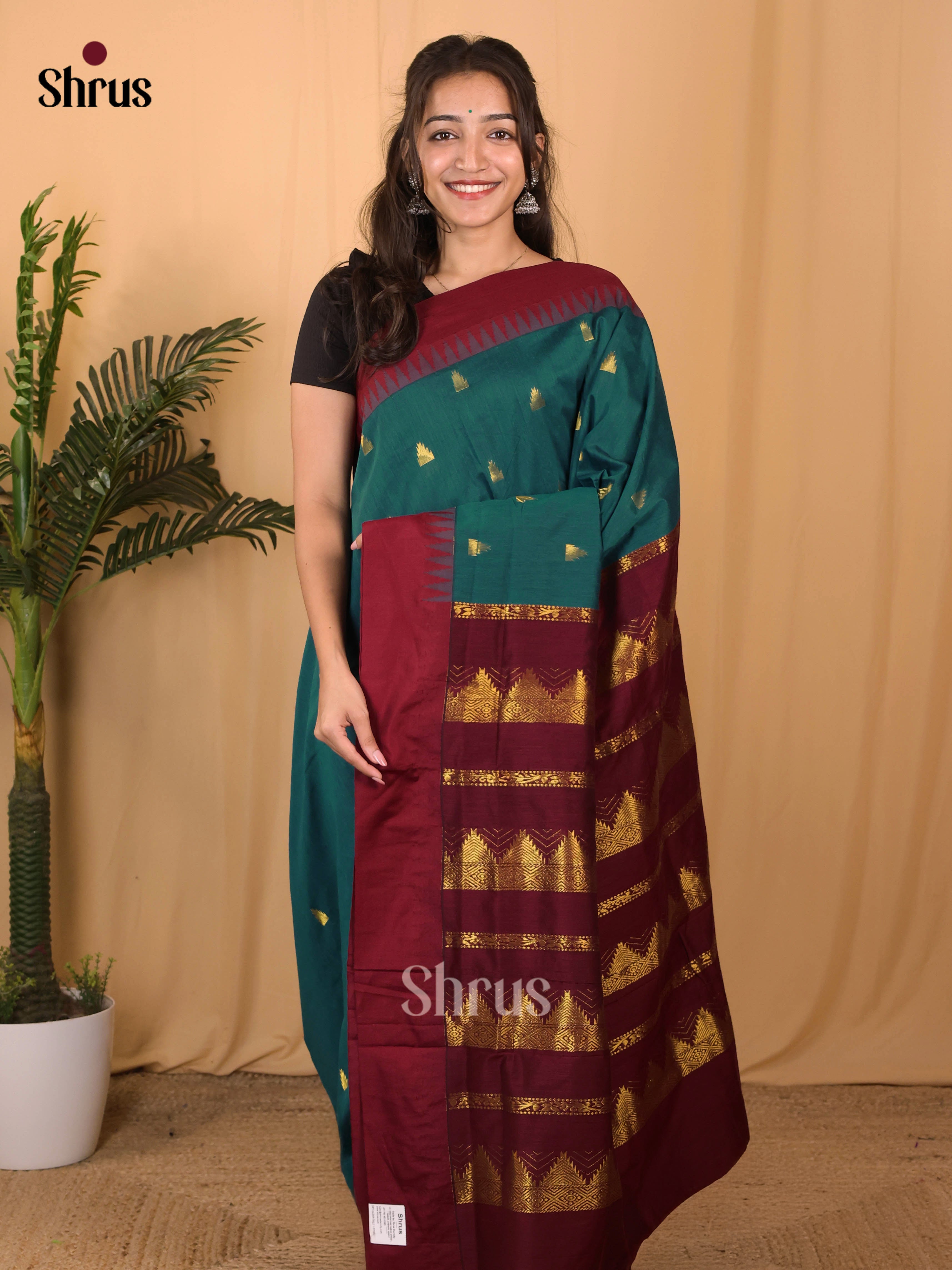 Peacock Green & Maroon - Kalyani Cotton Saree - Shop on Shrus.com