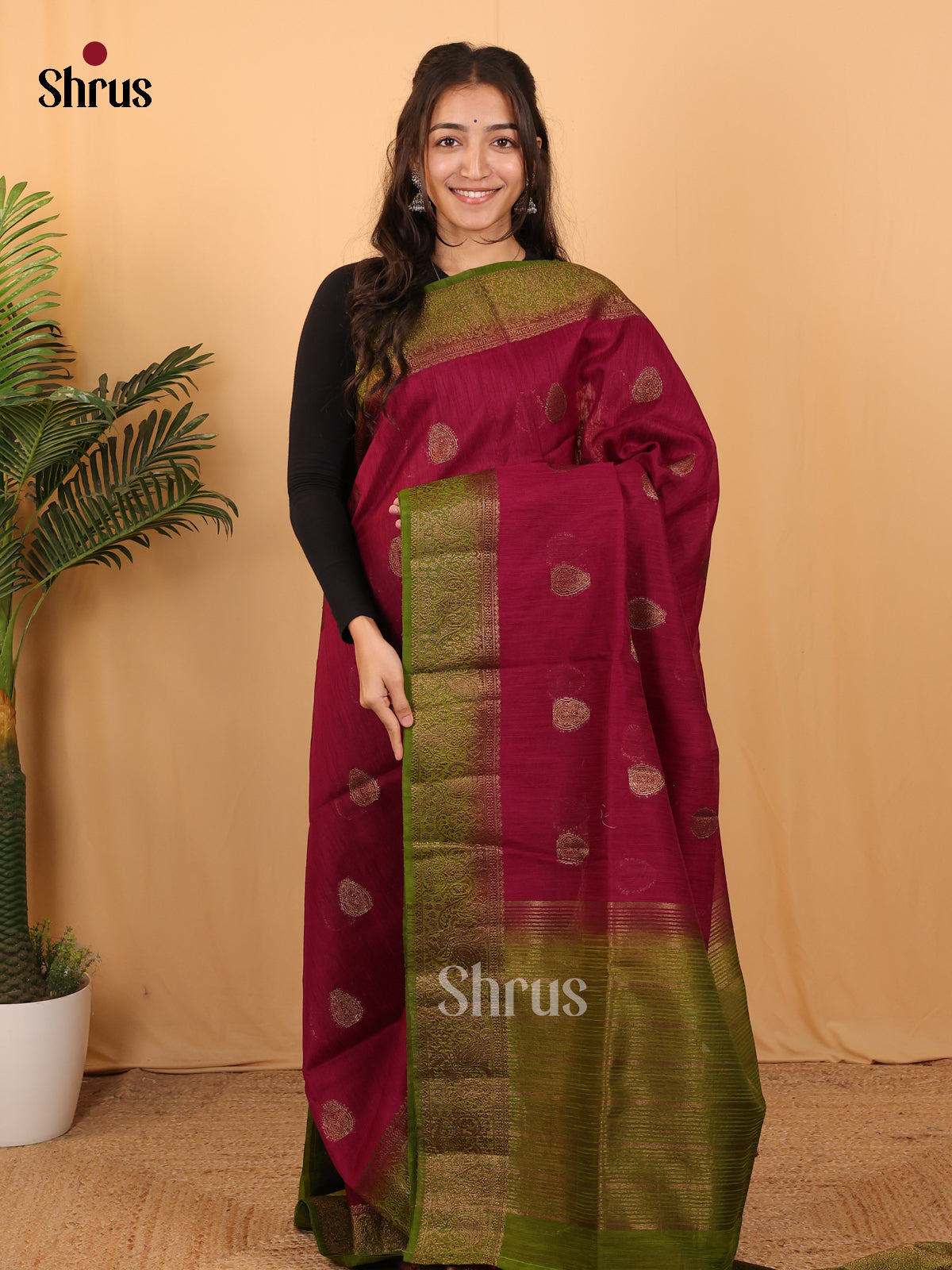 Wine & Green - Semi Jute Saree - Shop on Shrus.com