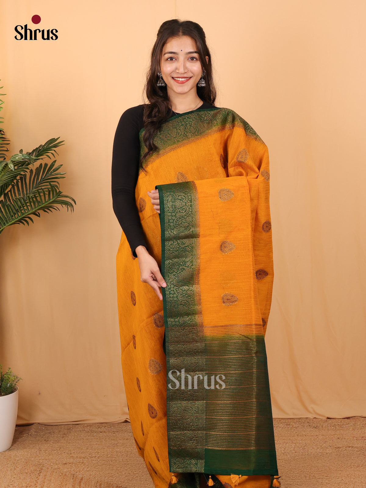 Mustard & Green - Semi Jute Saree - Shop on Shrus.com