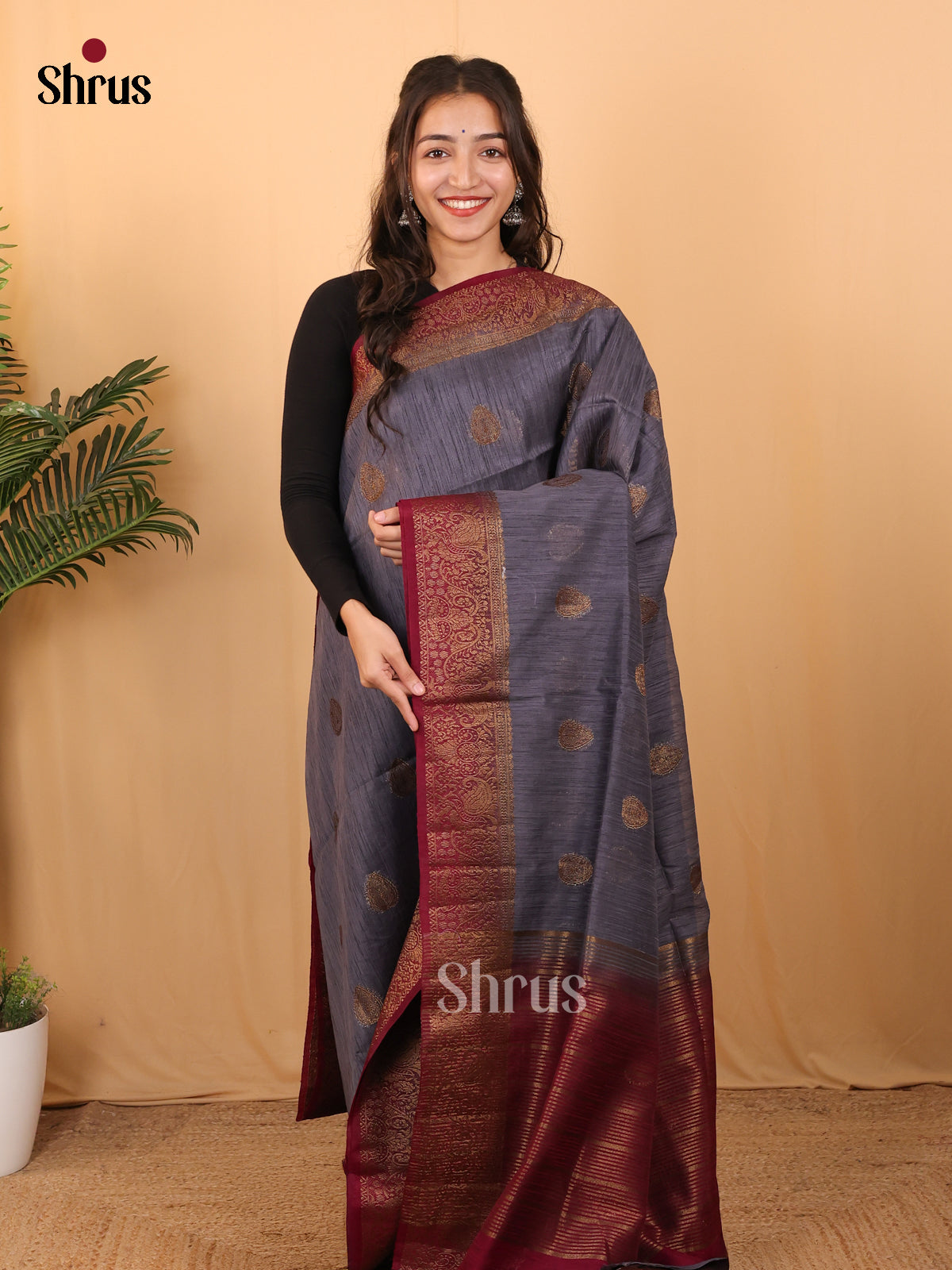 Grey & Maroon - Semi Jute Saree - Shop on Shrus.com