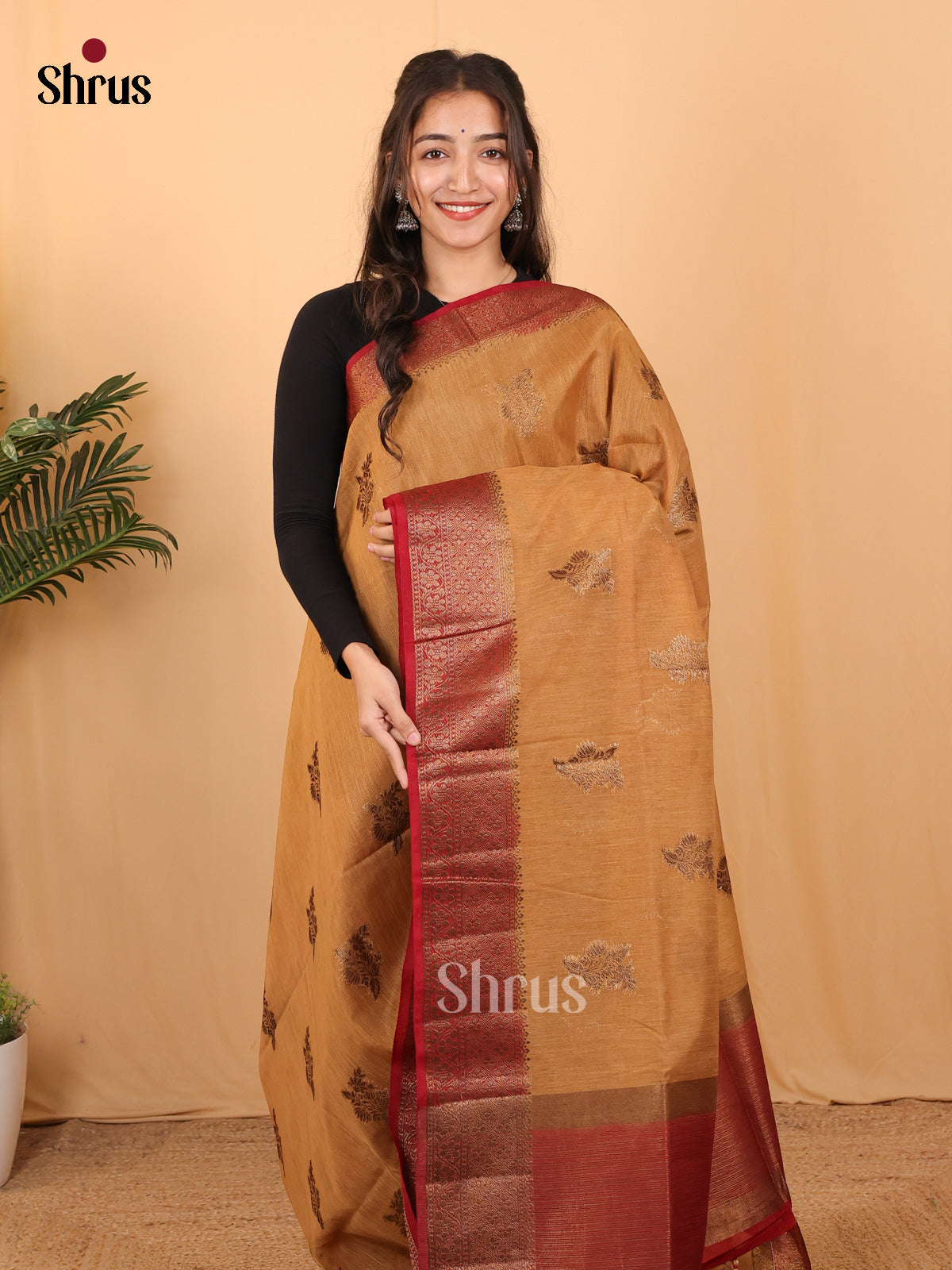 Beige & Maroon - Semi Jute Saree - Shop on Shrus.com