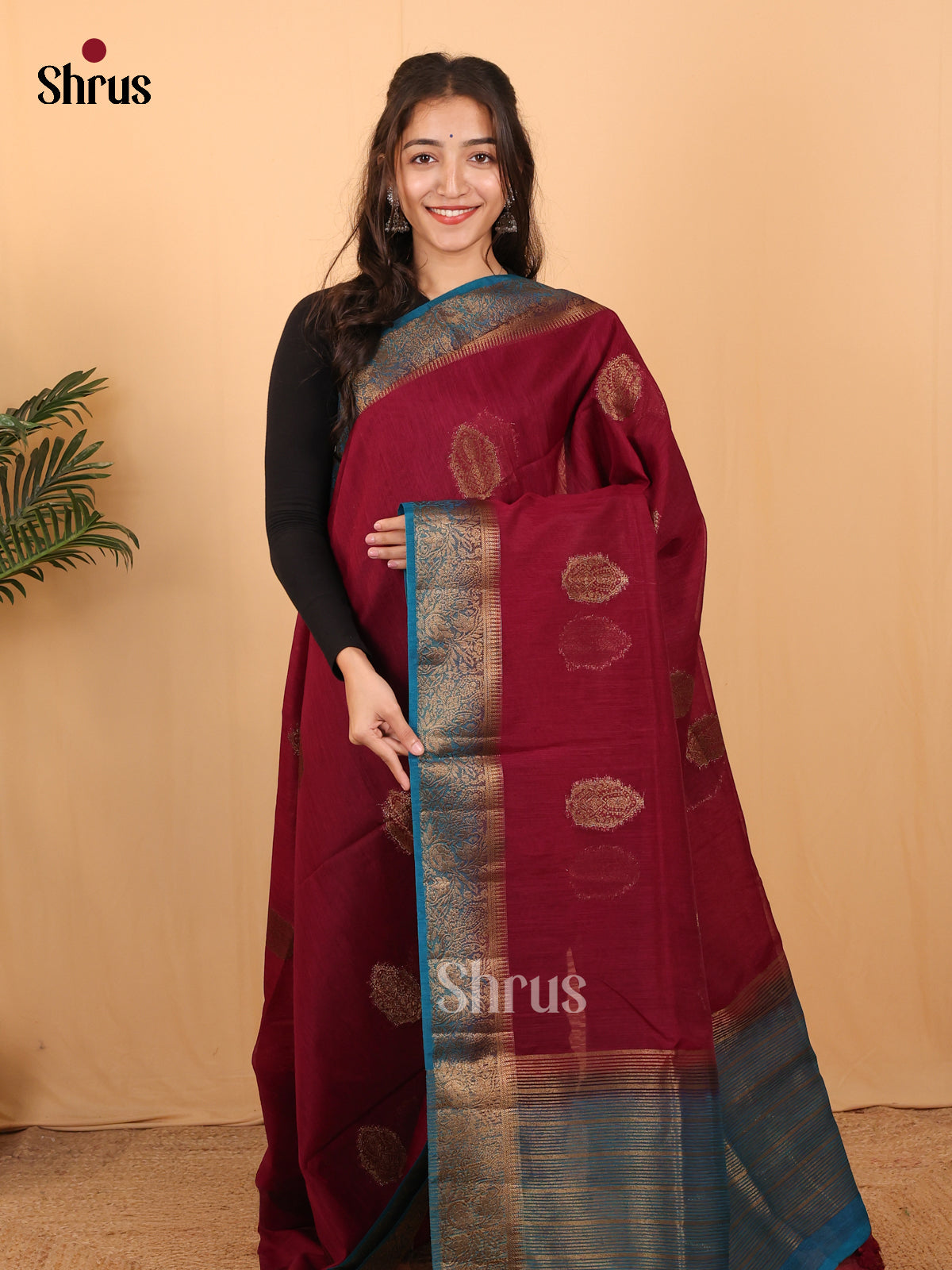 Maroon & Blue - Semi Jute Saree - Shop on Shrus.com