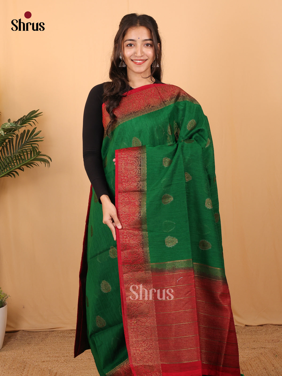 Green & Red - Semi Jute Saree - Shop on Shrus.com