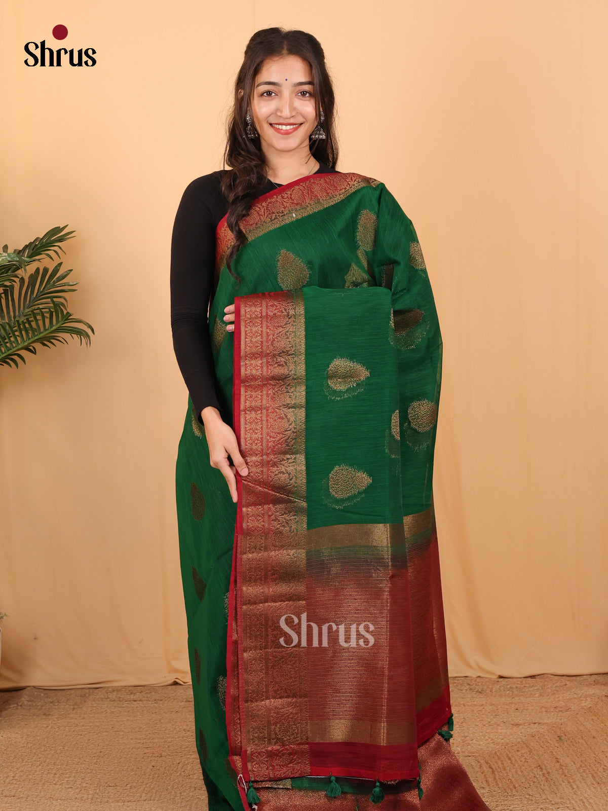 Green & Maroon - Semi Jute Saree - Shop on Shrus.com