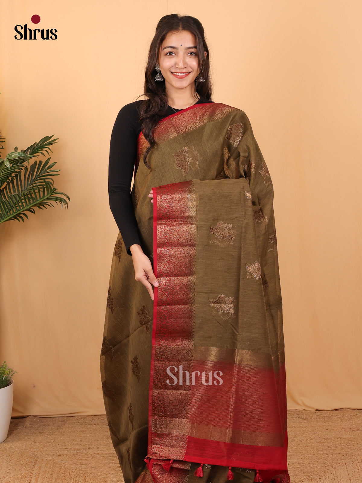 Chutney Green  & Maroon - Semi Jute Saree - Shop on Shrus.com