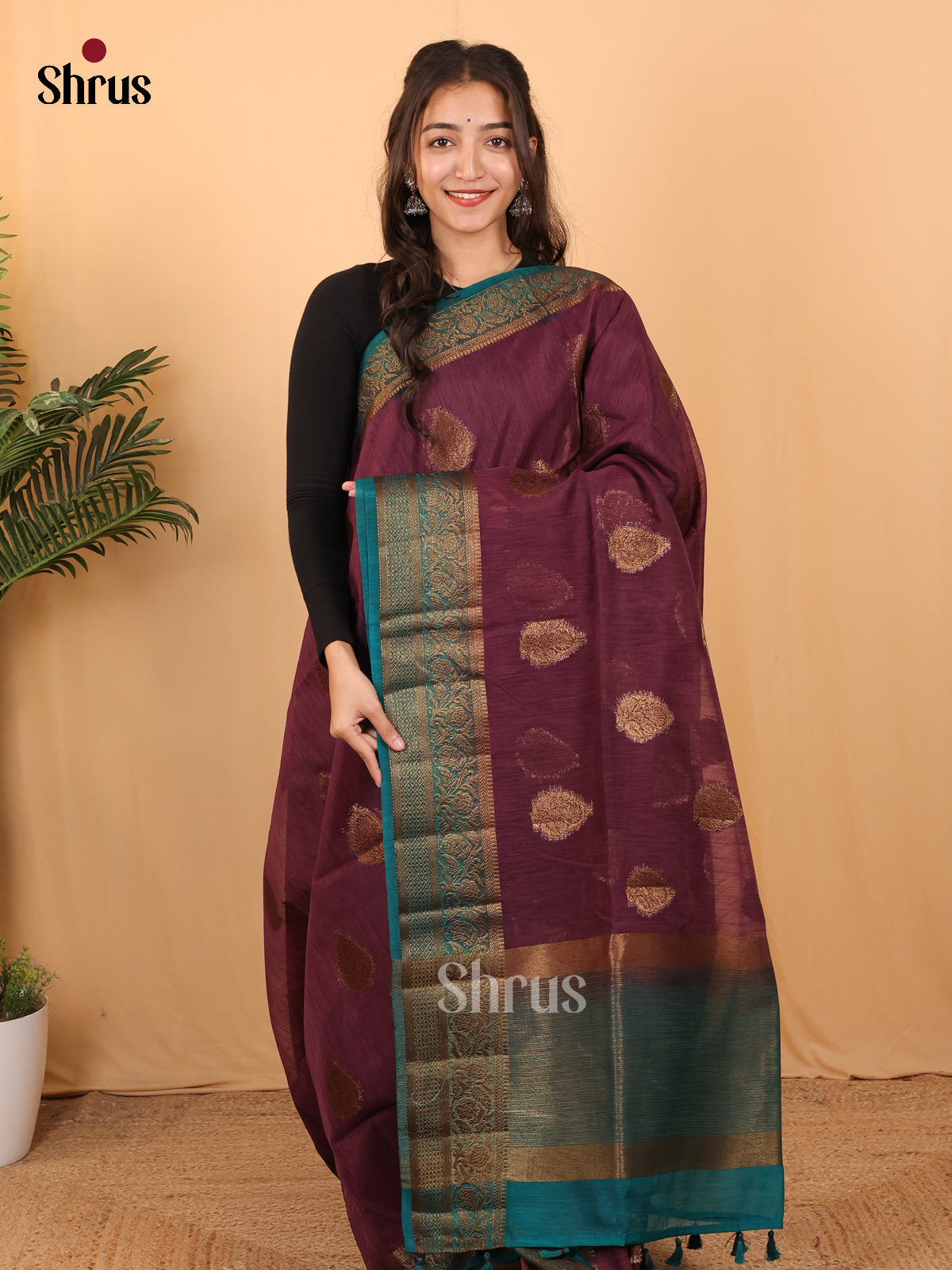 Purple & Blue- Semi Jute Saree - Shop on Shrus.com