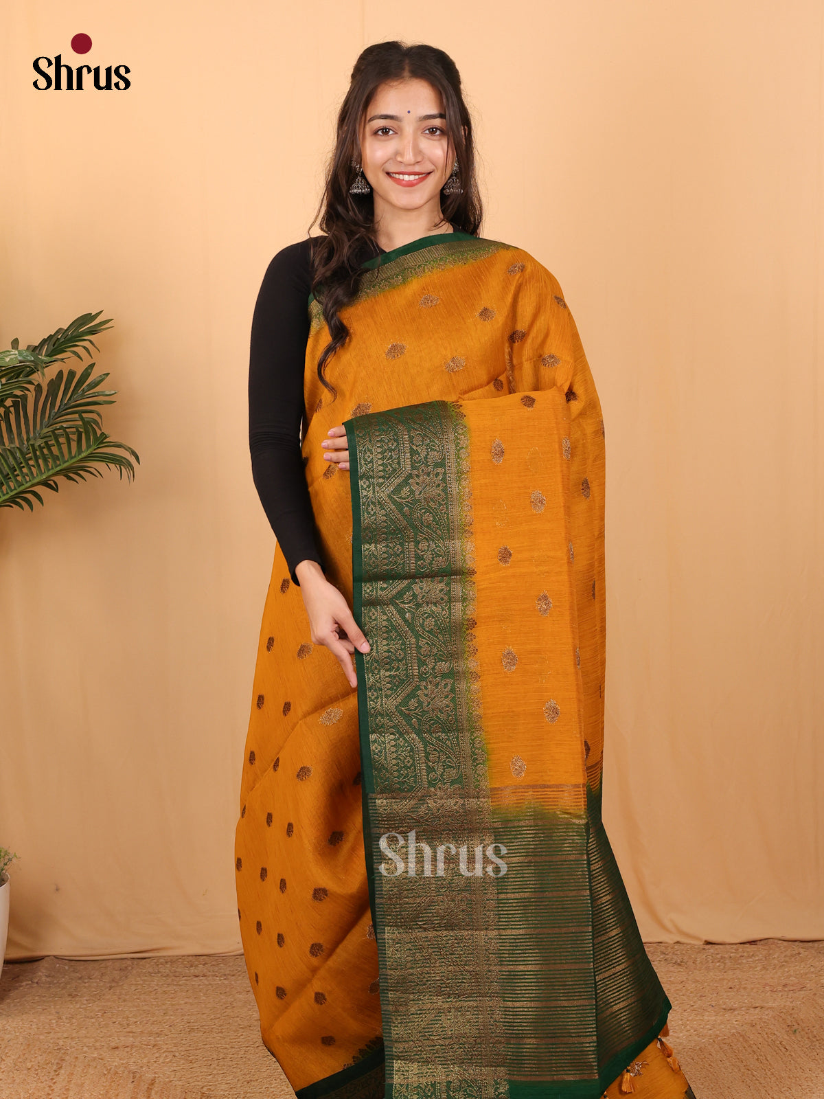 Mustard & Green - Semi Jute Saree - Shop on Shrus.com
