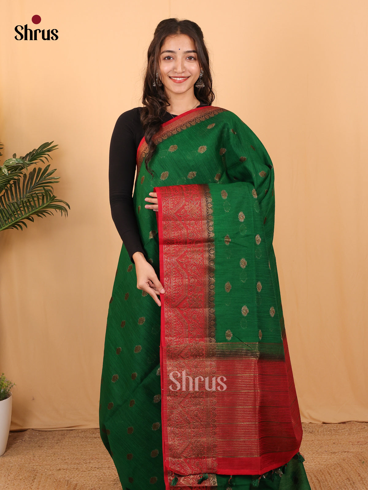 Green & Red - Semi Jute Saree - Shop on Shrus.com