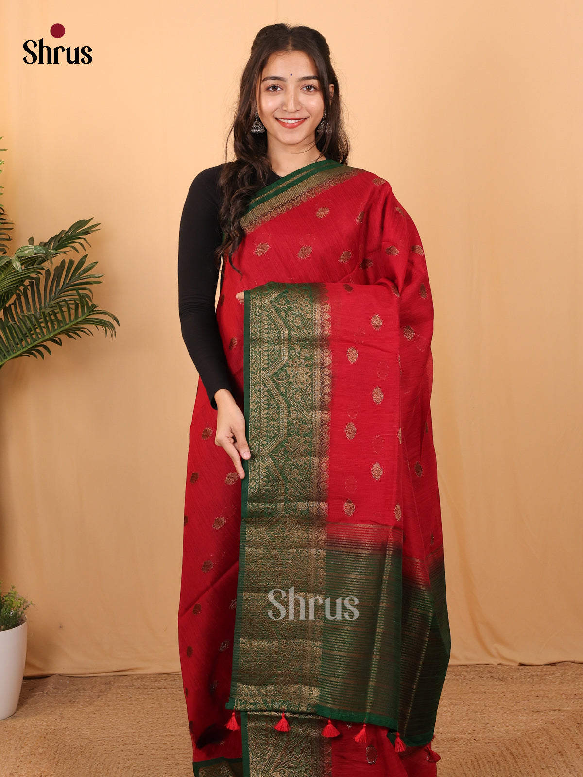 Red  & Green - Semi Jute Saree - Shop on Shrus.com