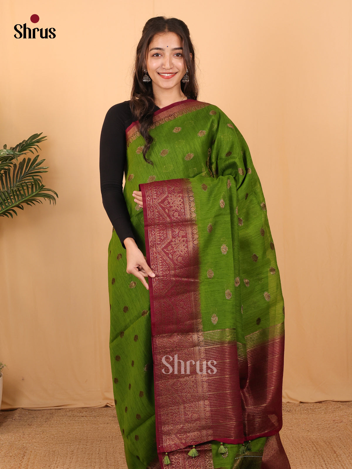 Green & Maroon- Semi Jute Saree - Shop on Shrus.com