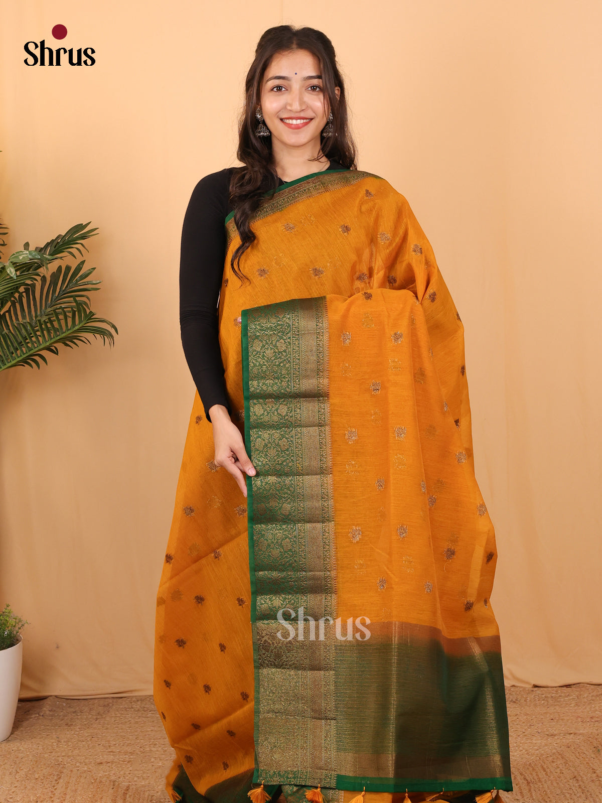 Mustard & Green - Semi Jute Saree - Shop on Shrus.com