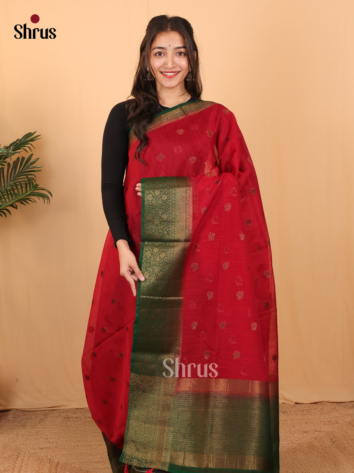 Red & Green - Semi Jute Saree - Shop on Shrus.com